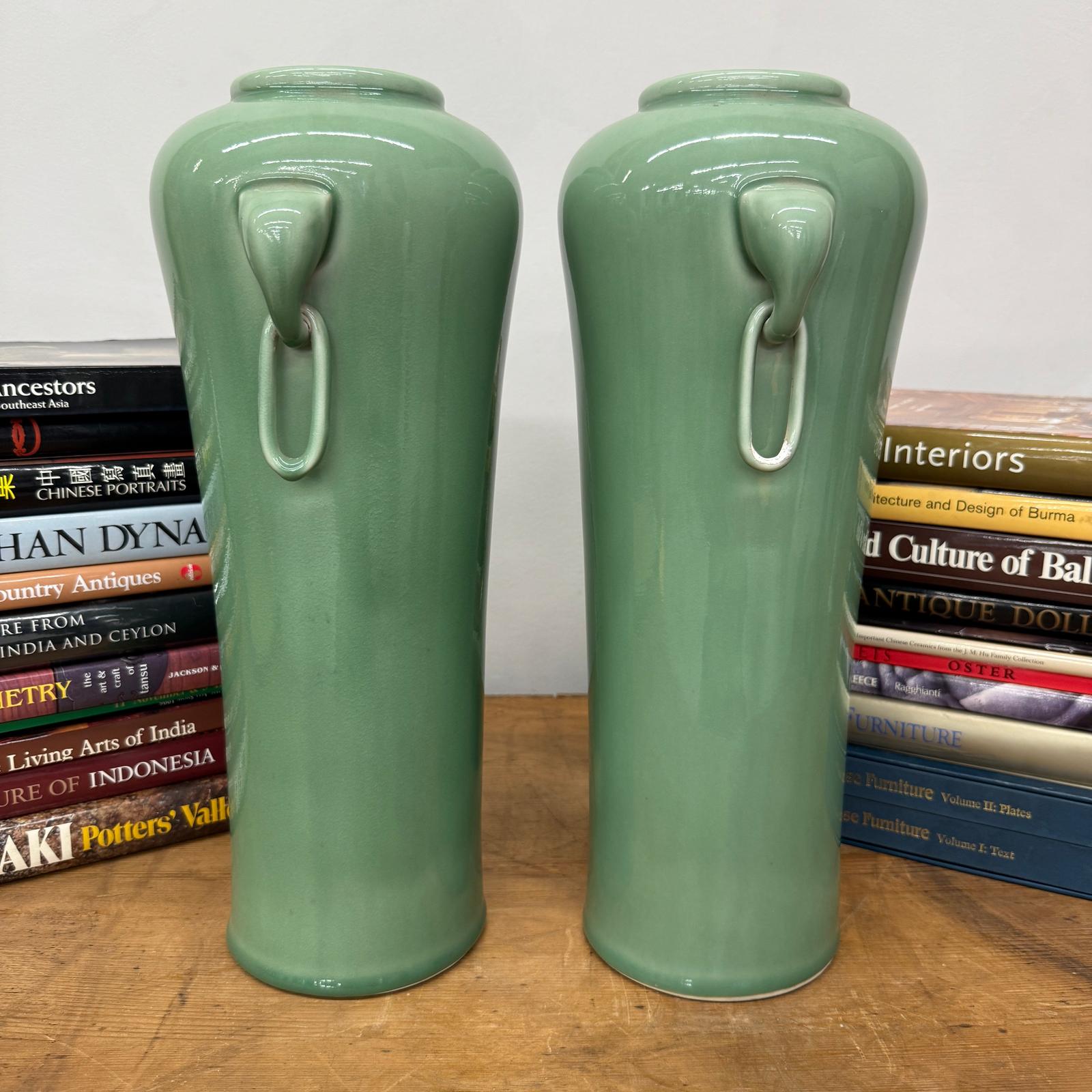 Pair of Celadon Ceramic Vases with Elegant Ring Handles, SKU , image 6