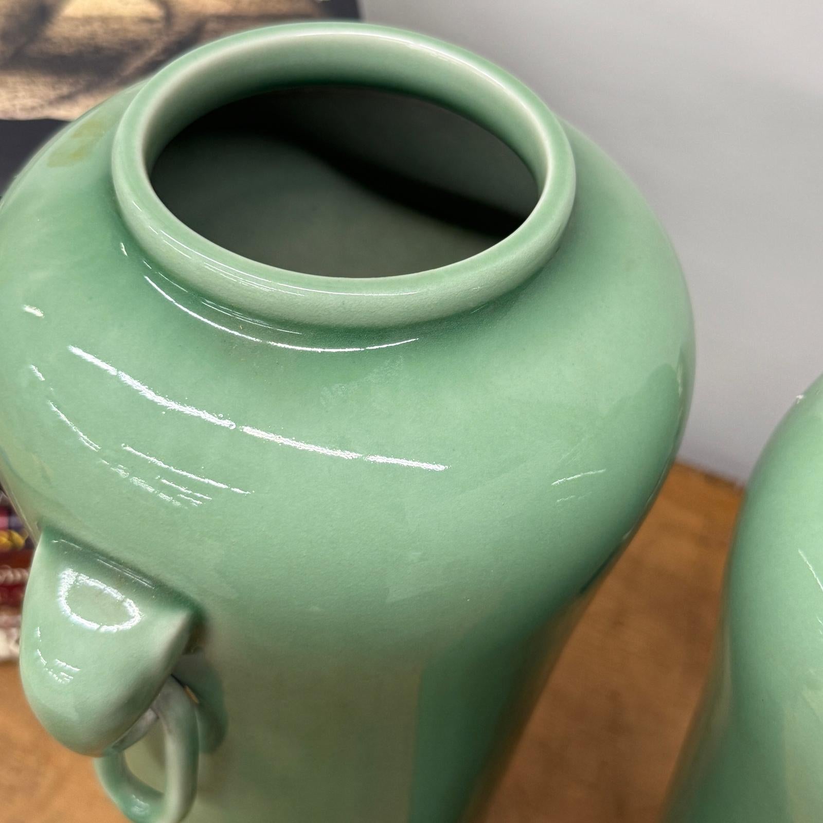 Pair of Celadon Ceramic Vases with Elegant Ring Handles, SKU , image 7