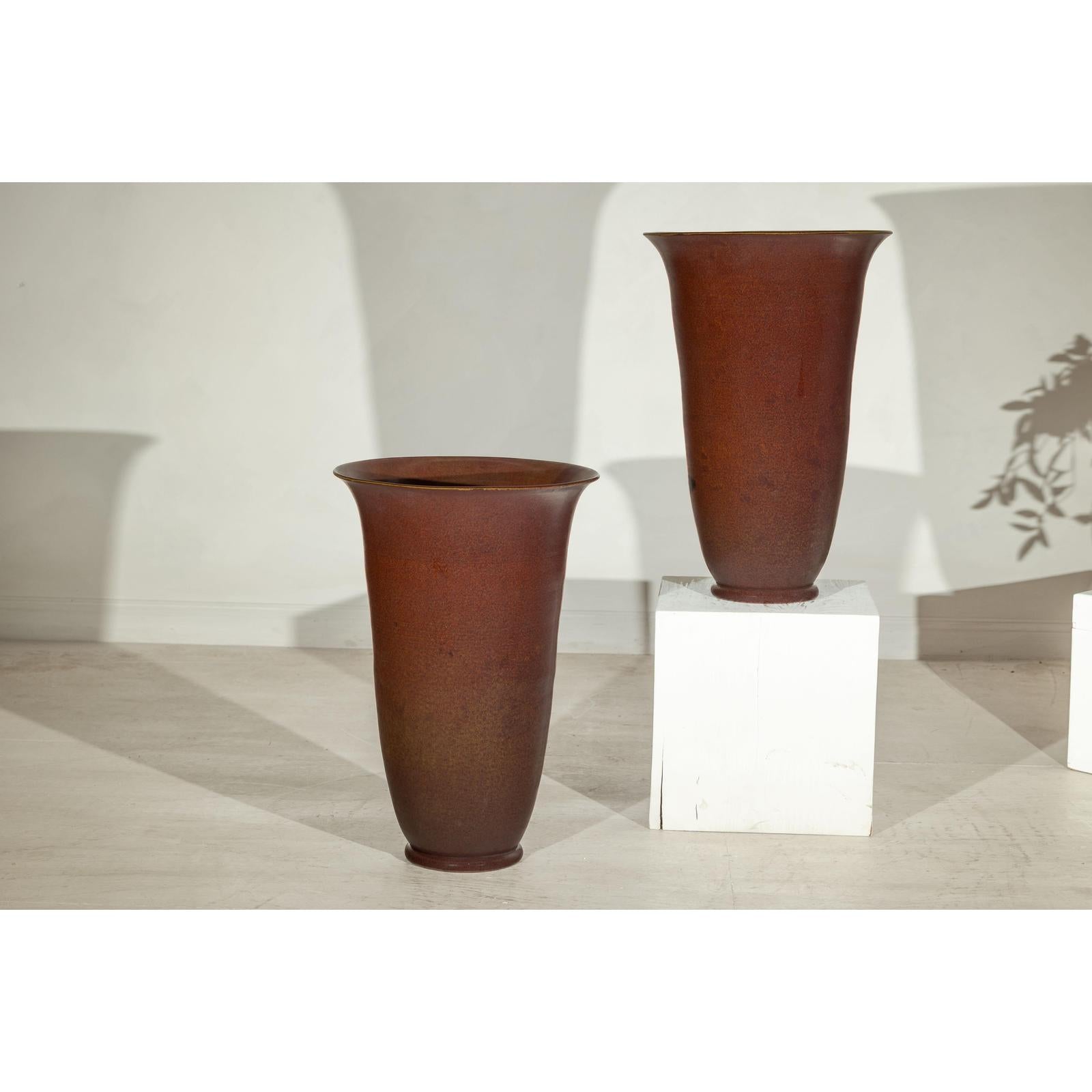 Pair of Ceramic Vases with Brown Glaze and Subtle Red Undertones