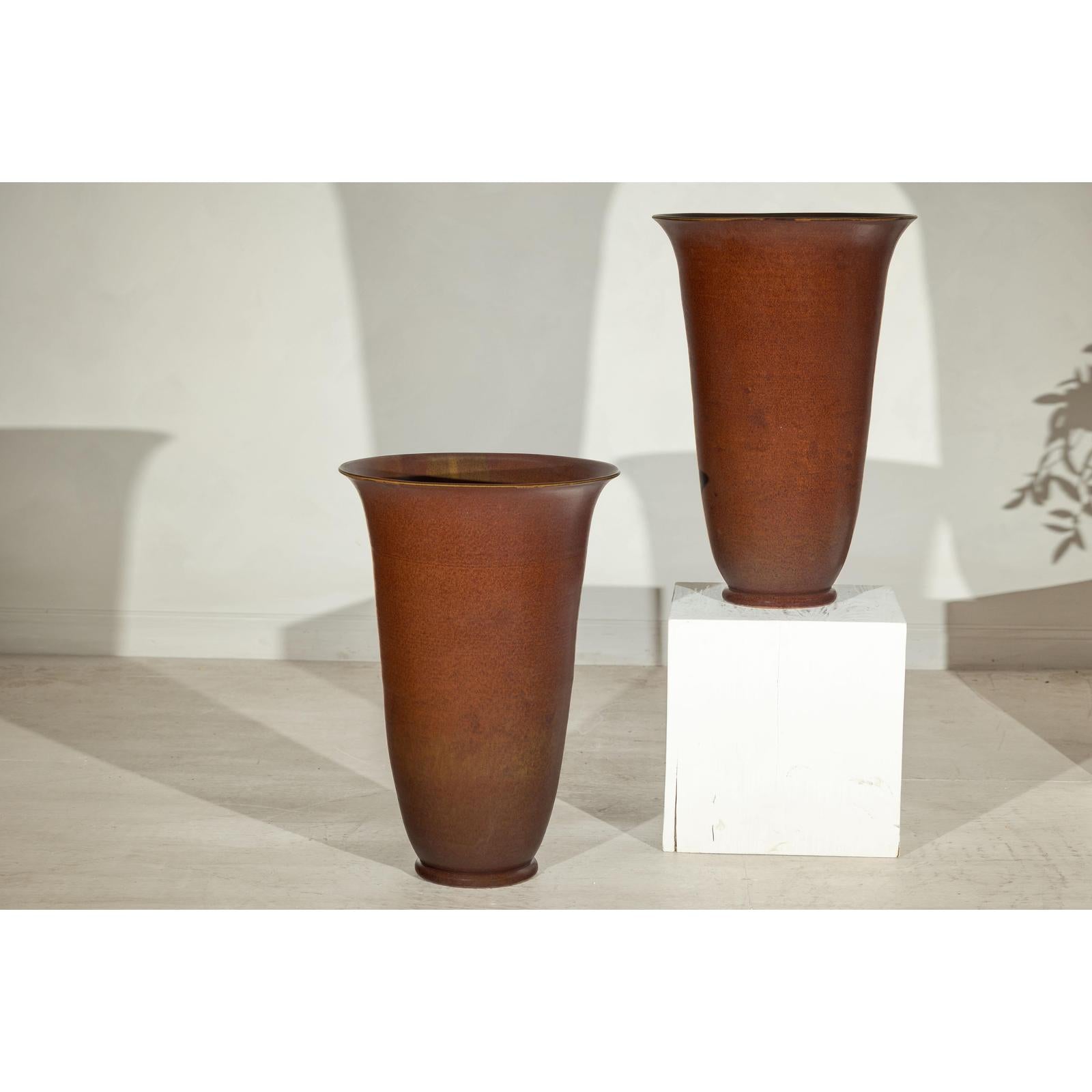 Pair of Ceramic Vases with Brown Glaze and Subtle Red Undertones