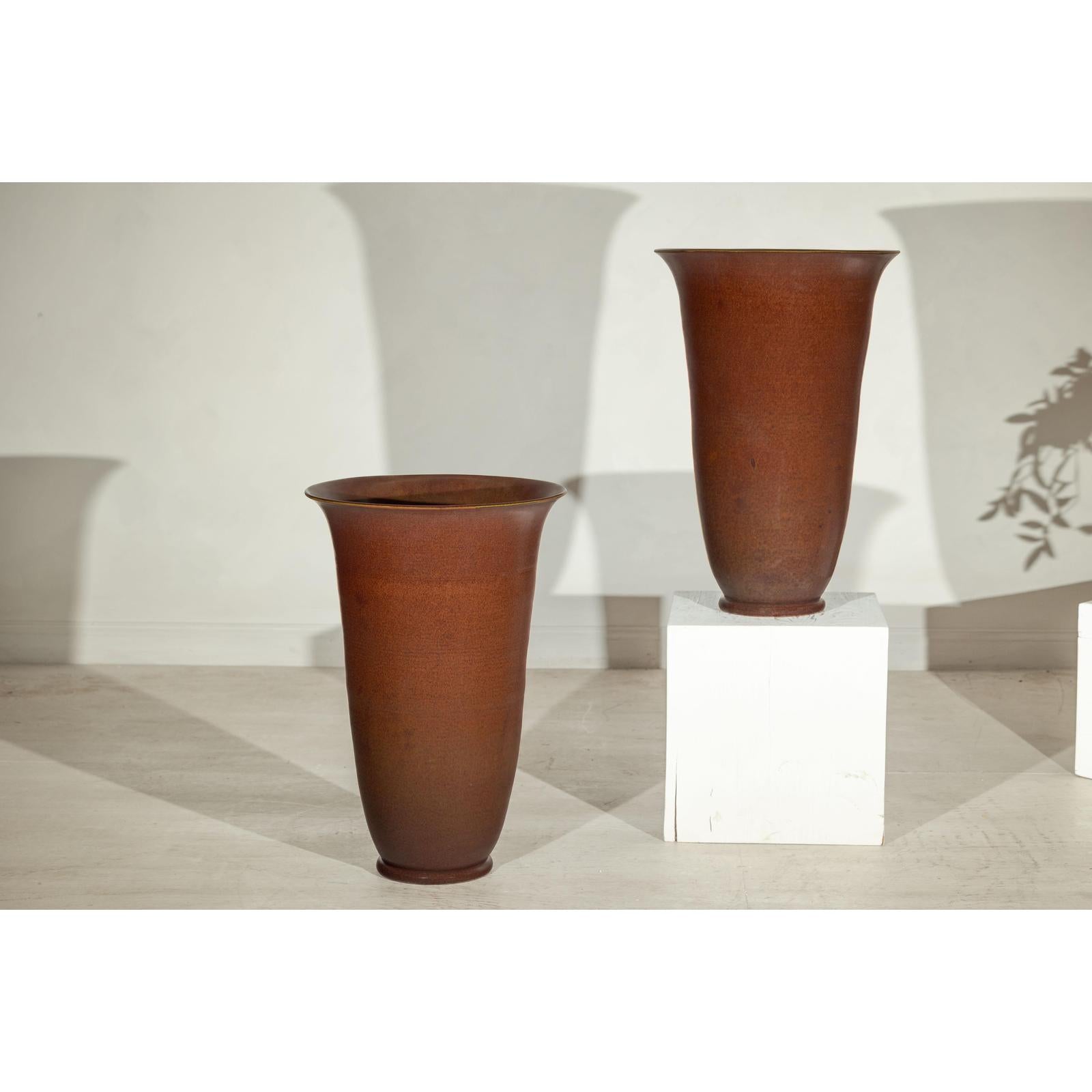 Pair of Ceramic Vases with Brown Glaze and Subtle Red Undertones