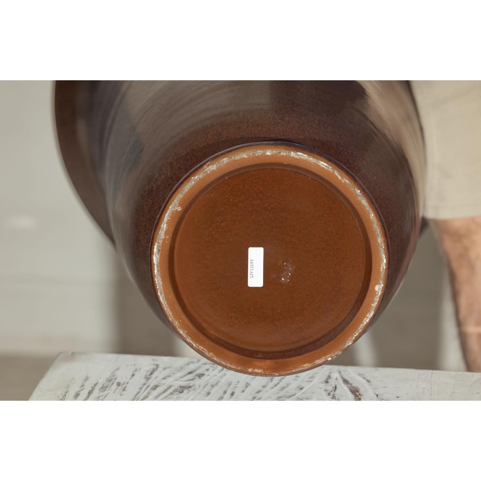 Pair of Ceramic Vases with Brown Glaze and Subtle Red Undertones