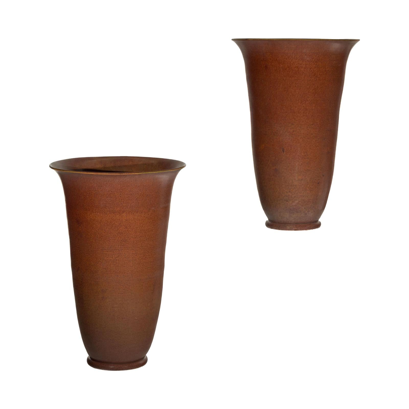 Pair of Ceramic Vases with Brown Glaze and Subtle Red Undertones
