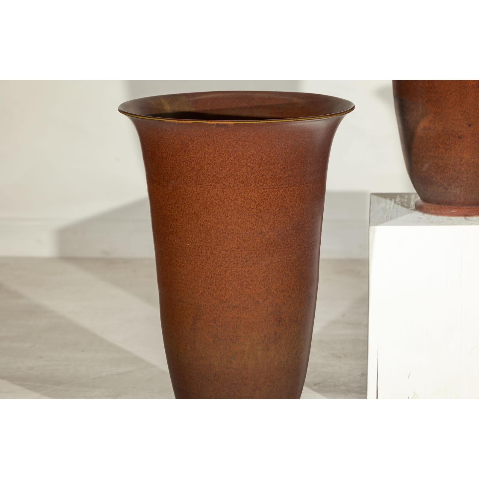 Pair of Ceramic Vases with Brown Glaze and Subtle Red Undertones