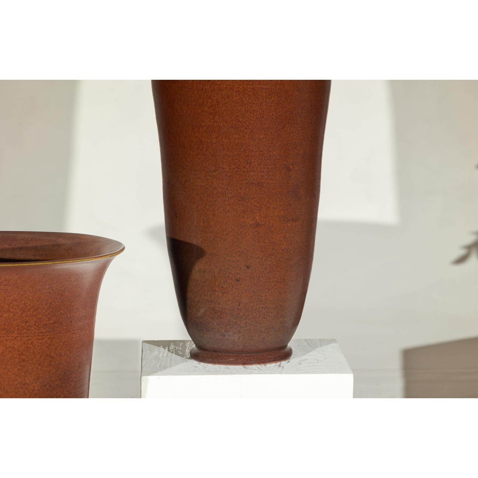 Pair of Ceramic Vases with Brown Glaze and Subtle Red Undertones
