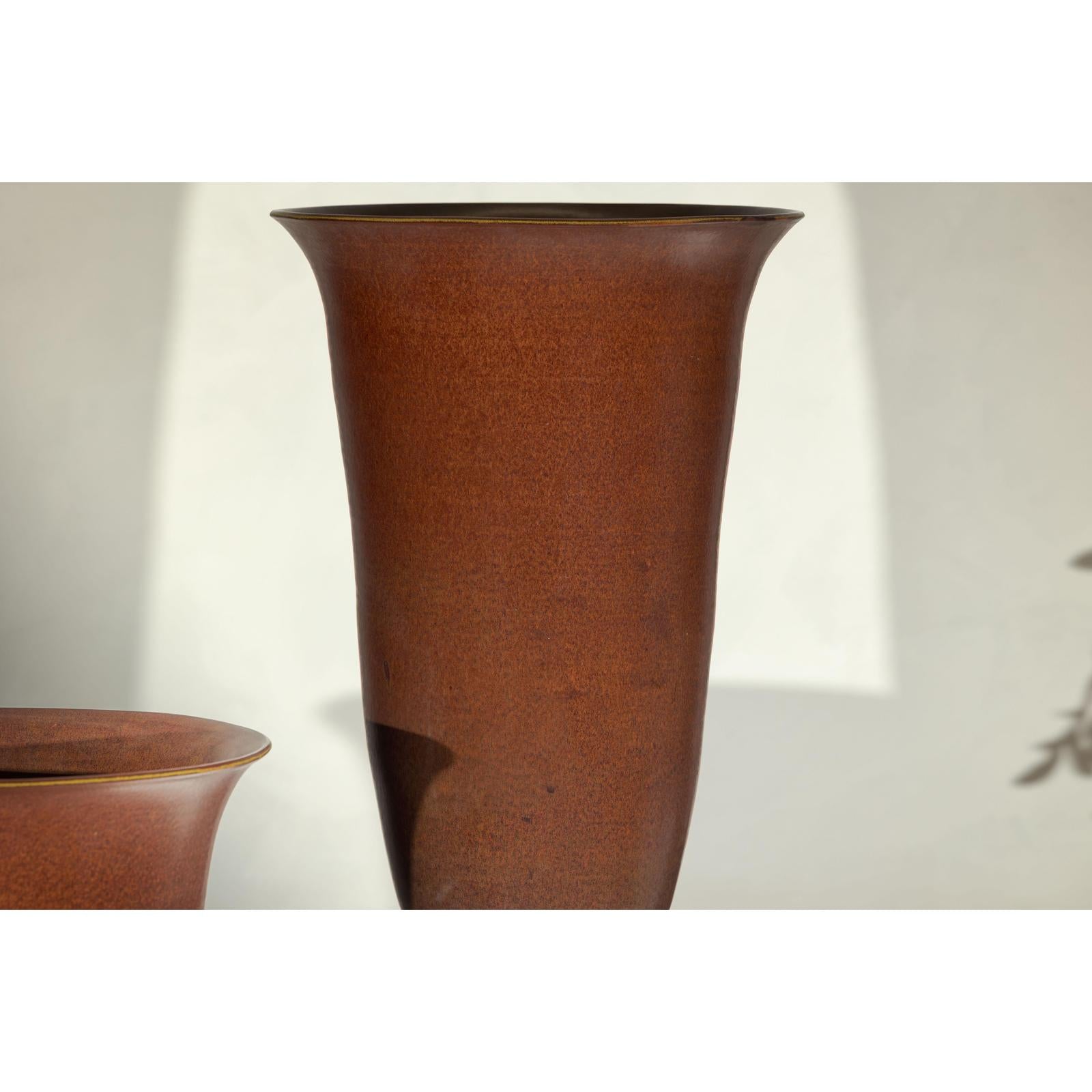 Pair of Ceramic Vases with Brown Glaze and Subtle Red Undertones