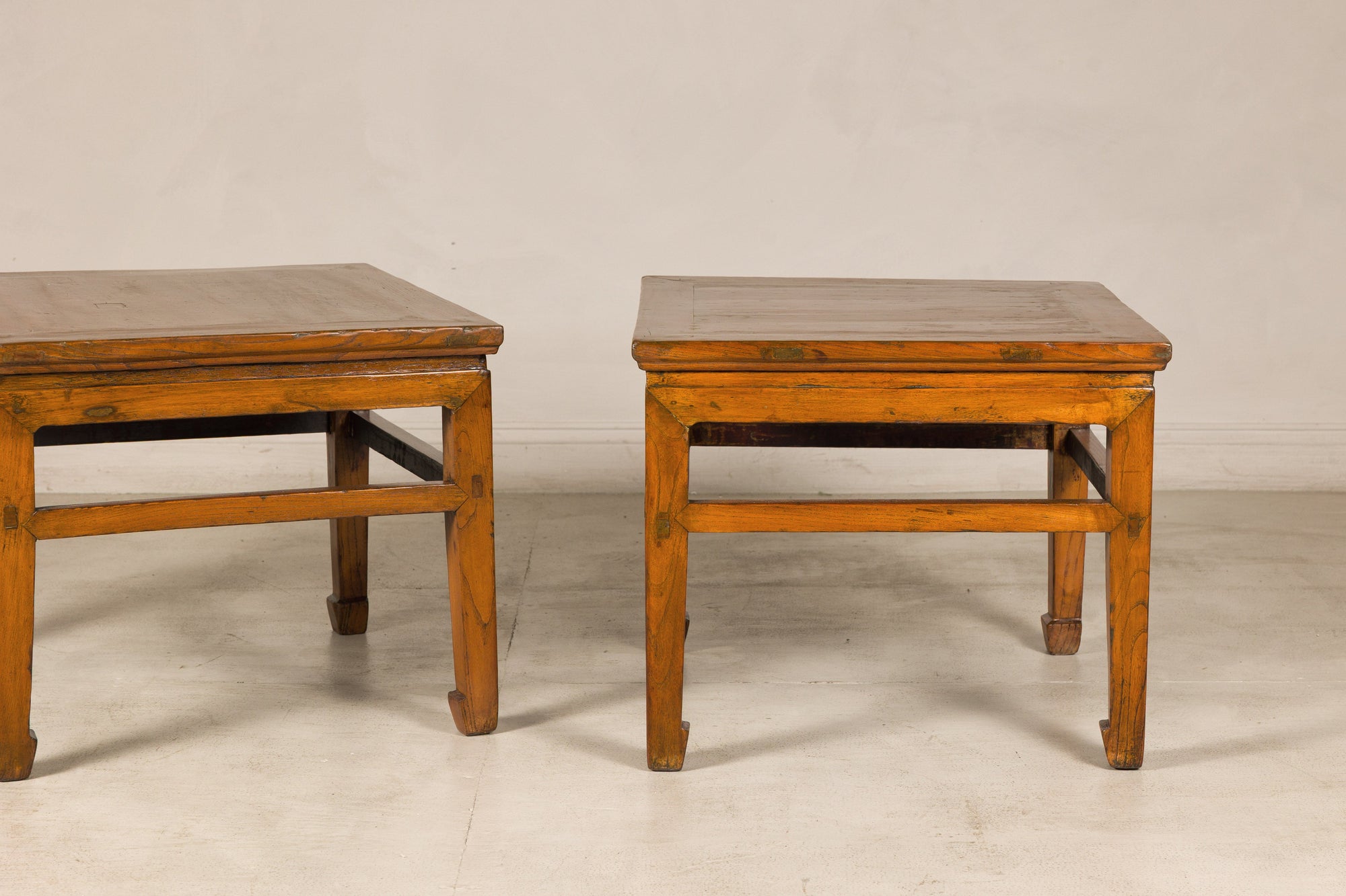 Pair of elm side tables, alternate front view