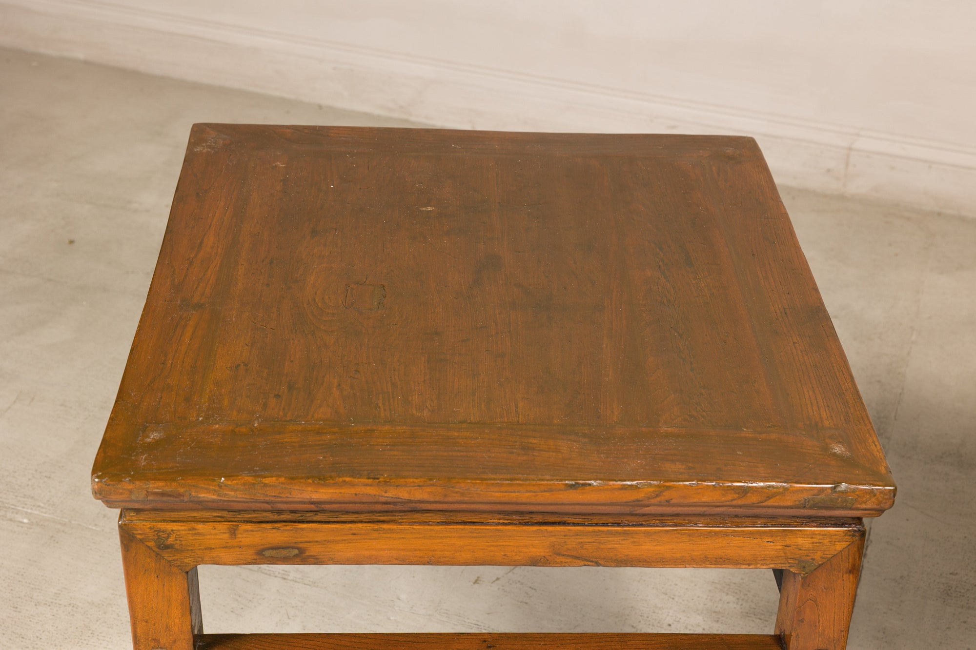 Close-up of square elm tabletop