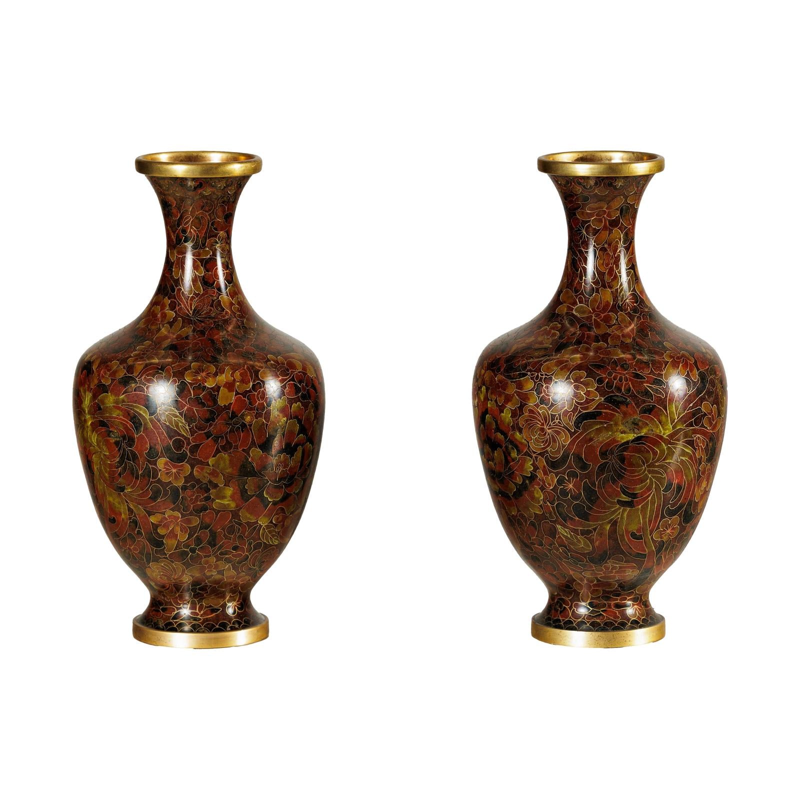 Pair of Cloisonné Vases, Warm Reddish Brown and Floral Decoration-1. Asian &amp; Chinese Furniture, Art, Antiques, Vintage Home Décor for sale at FEA Home