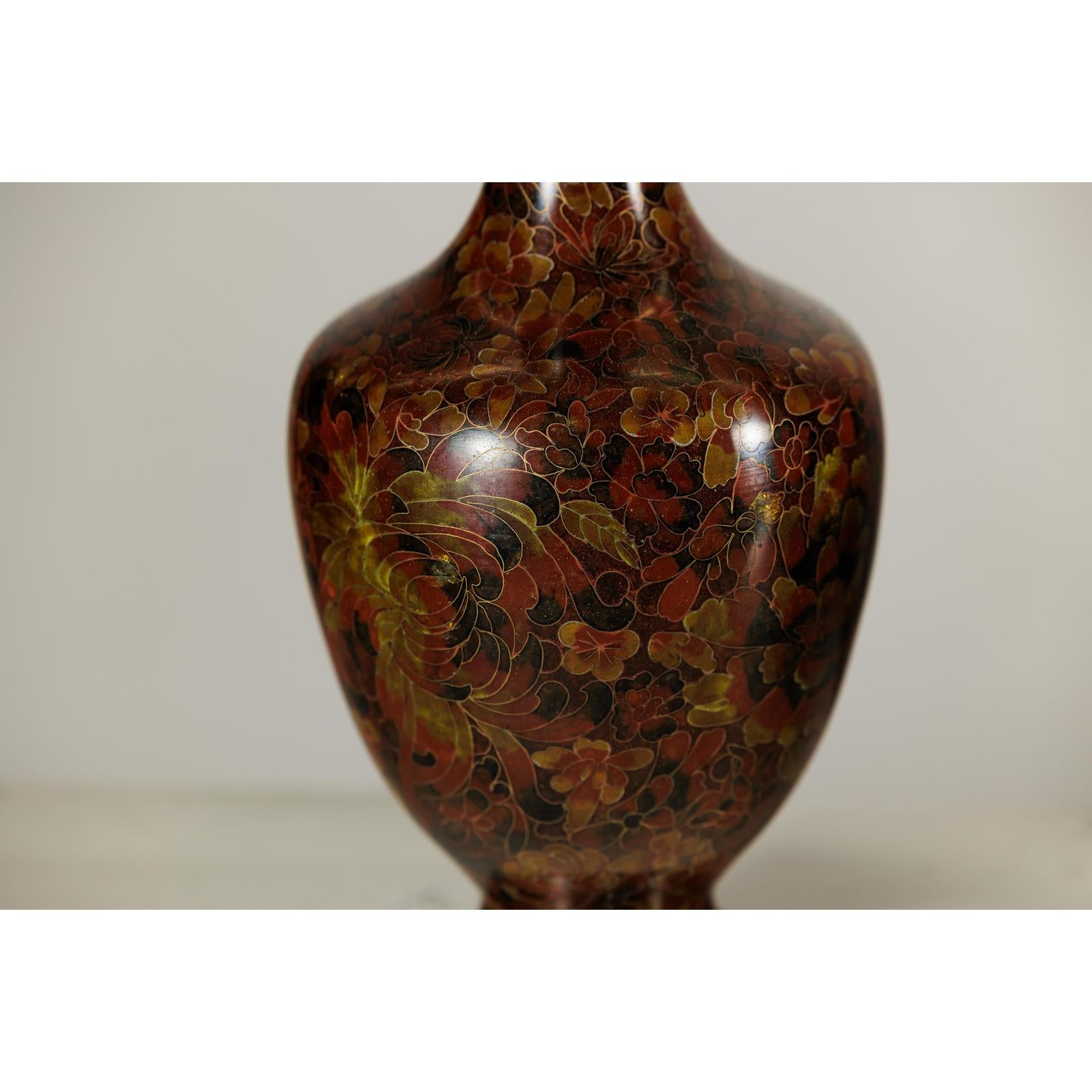 Pair of Cloisonné Vases, Warm Reddish Brown and Floral Decoration-10. Asian &amp; Chinese Furniture, Art, Antiques, Vintage Home Décor for sale at FEA Home