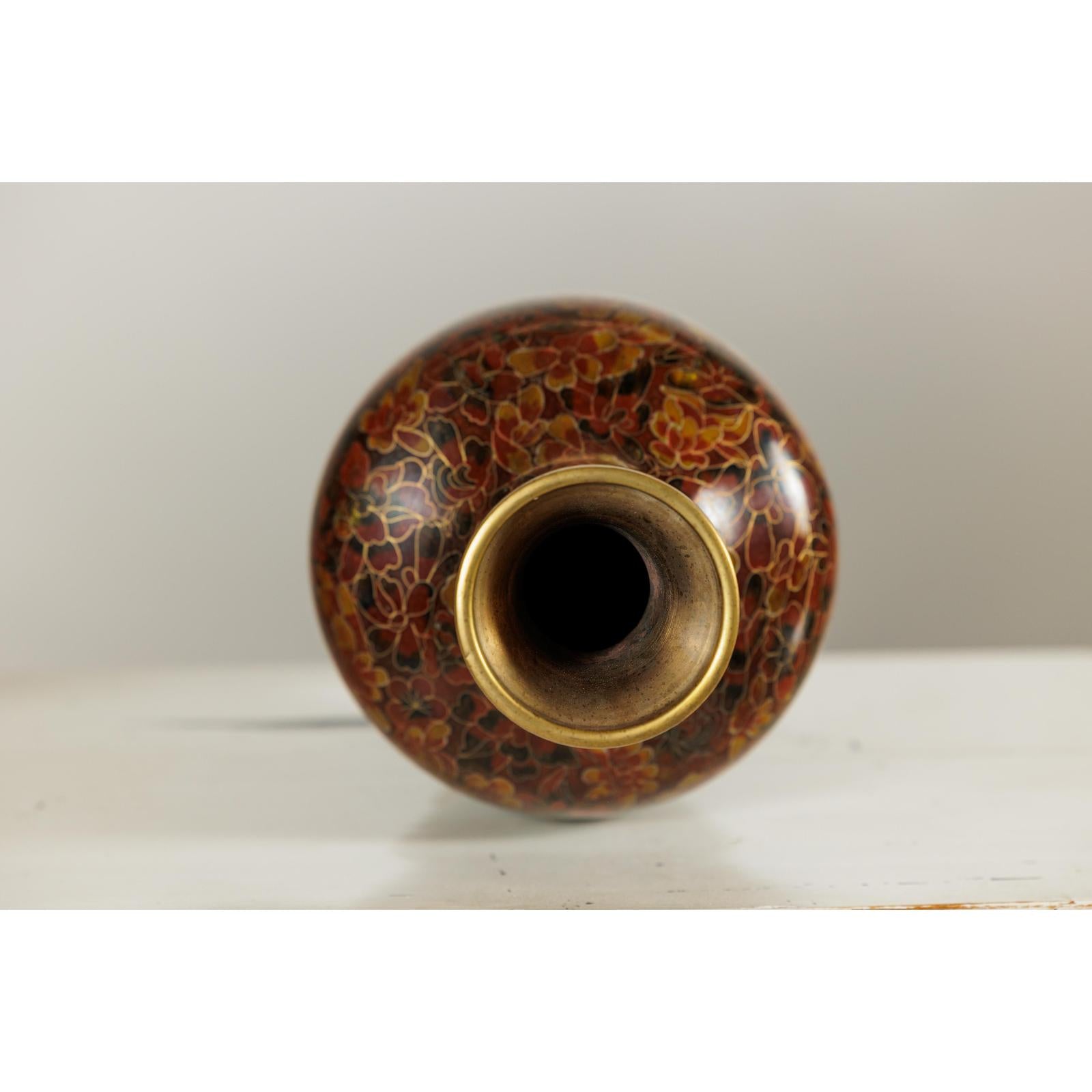 Pair of Cloisonné Vases, Warm Reddish Brown and Floral Decoration-11. Asian &amp; Chinese Furniture, Art, Antiques, Vintage Home Décor for sale at FEA Home