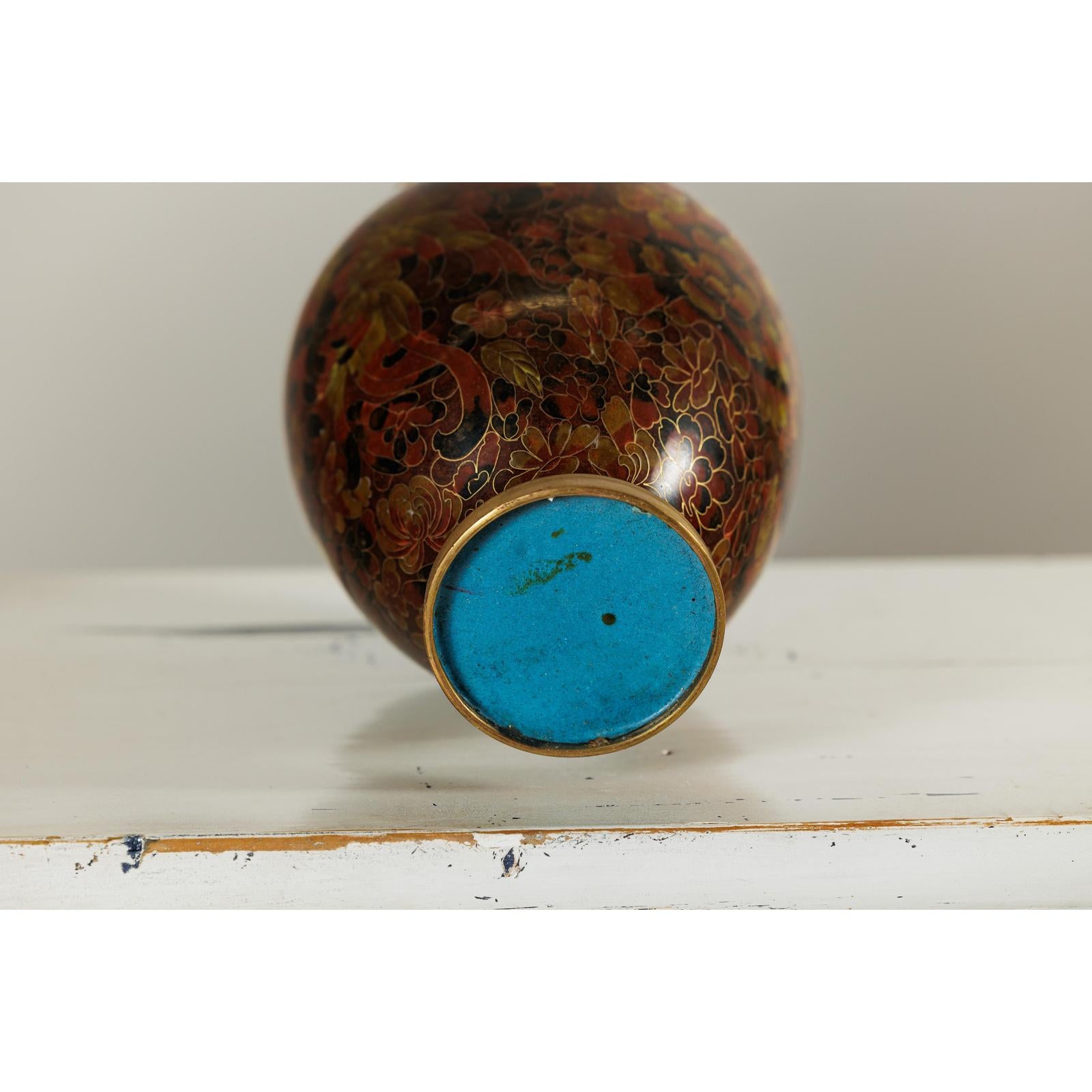 Pair of Cloisonné Vases, Warm Reddish Brown and Floral Decoration-12. Asian &amp; Chinese Furniture, Art, Antiques, Vintage Home Décor for sale at FEA Home