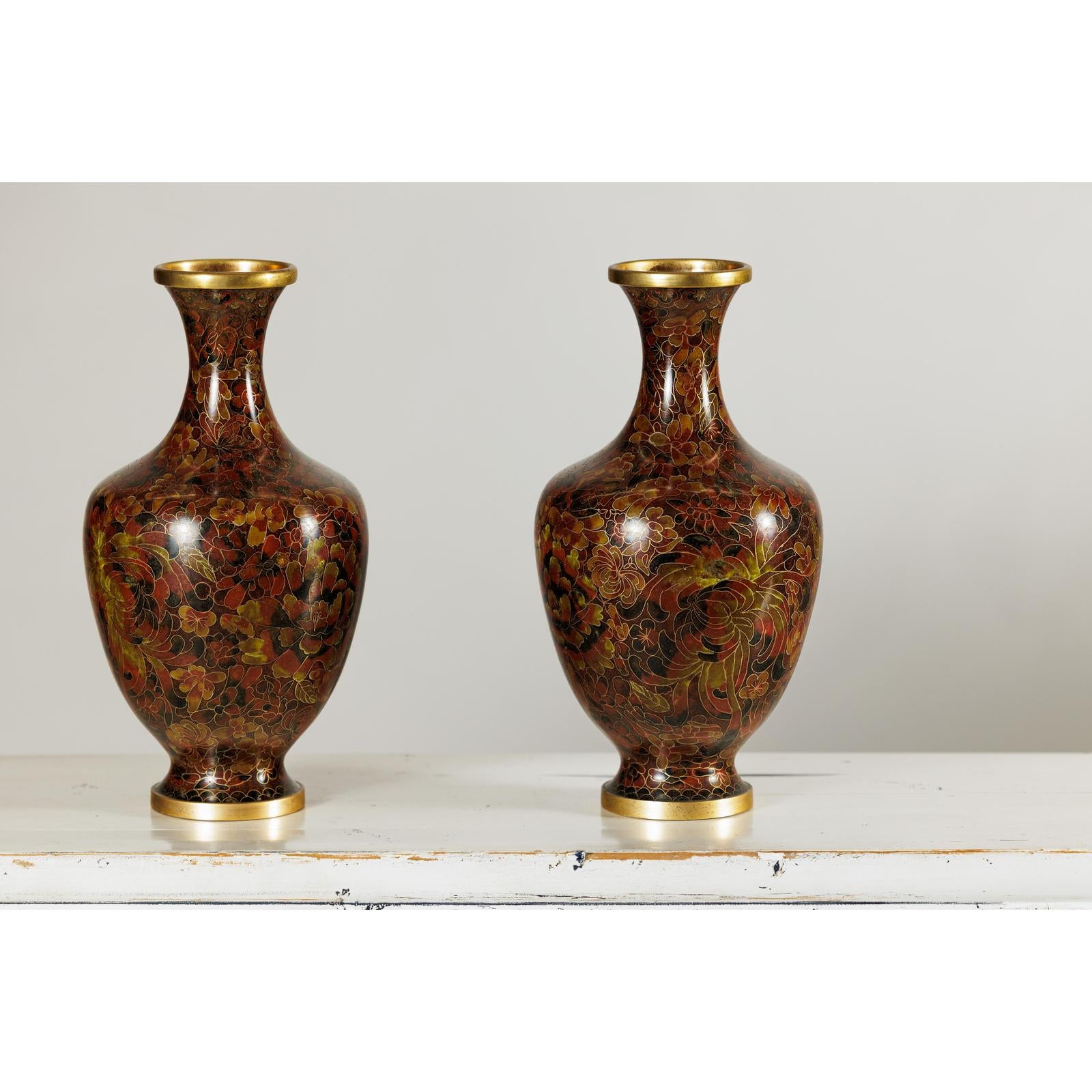 Pair of Cloisonné Vases, Warm Reddish Brown and Floral Decoration-4. Asian &amp; Chinese Furniture, Art, Antiques, Vintage Home Décor for sale at FEA Home