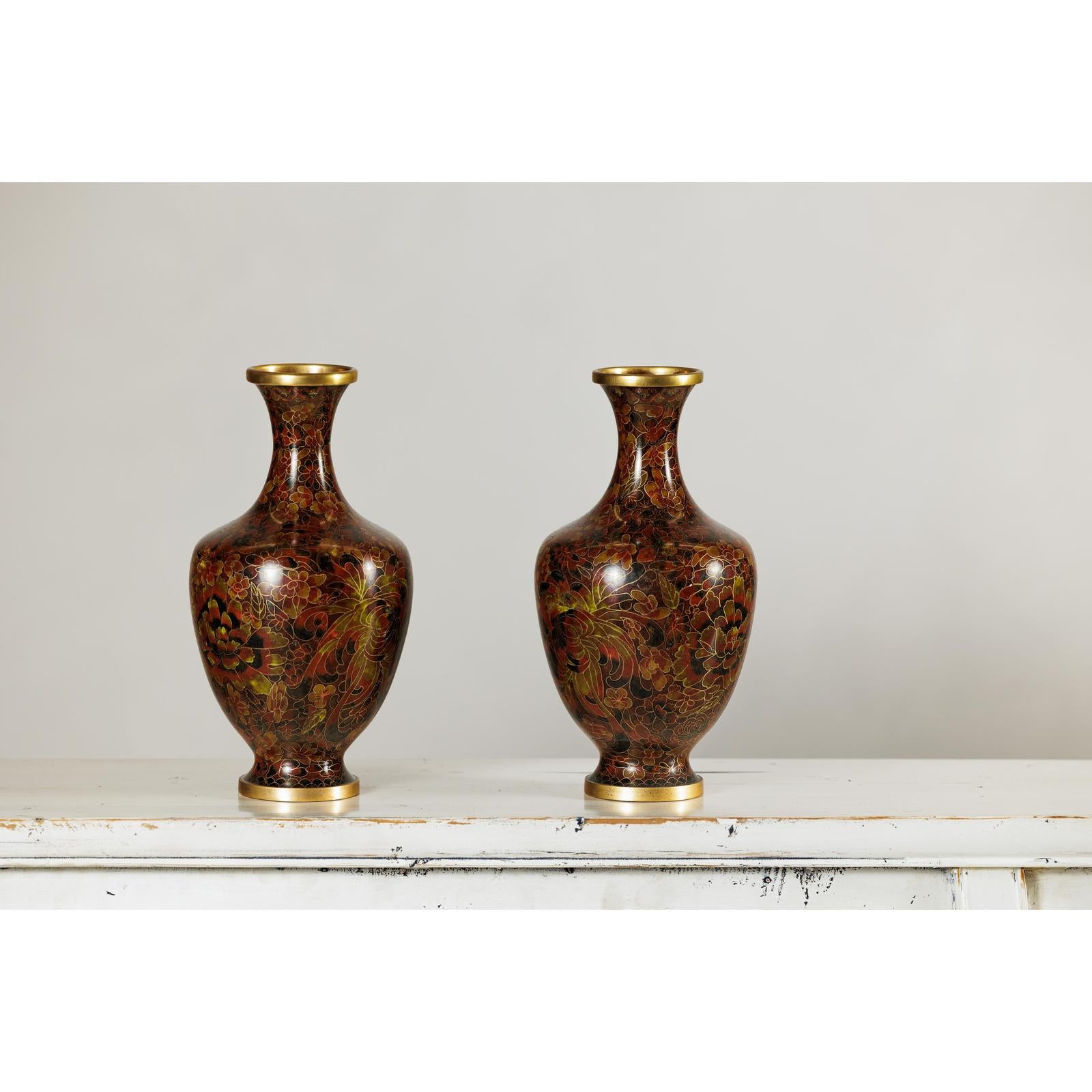 Pair of Cloisonné Vases, Warm Reddish Brown and Floral Decoration-5. Asian &amp; Chinese Furniture, Art, Antiques, Vintage Home Décor for sale at FEA Home