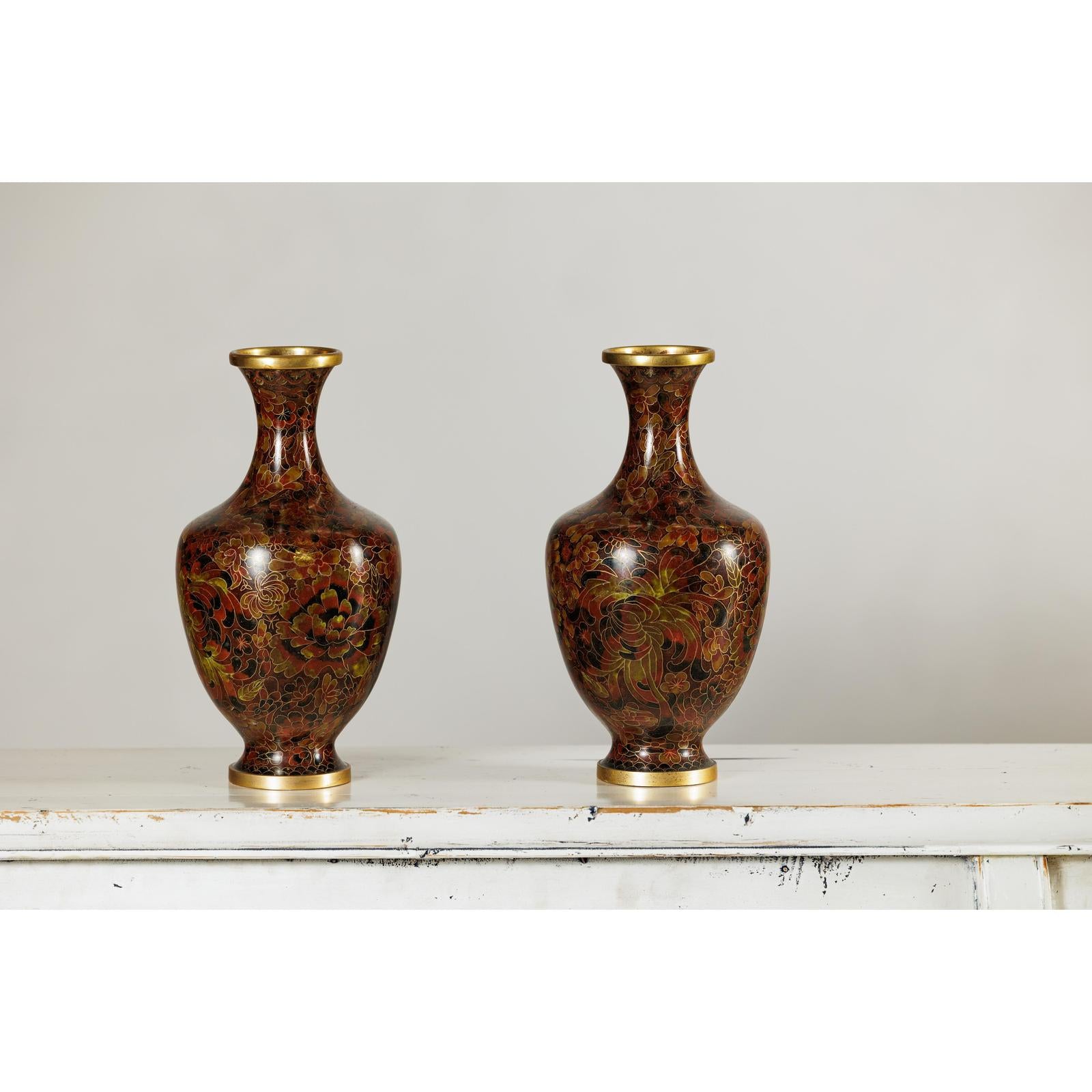 Pair of Cloisonné Vases, Warm Reddish Brown and Floral Decoration-6. Asian &amp; Chinese Furniture, Art, Antiques, Vintage Home Décor for sale at FEA Home