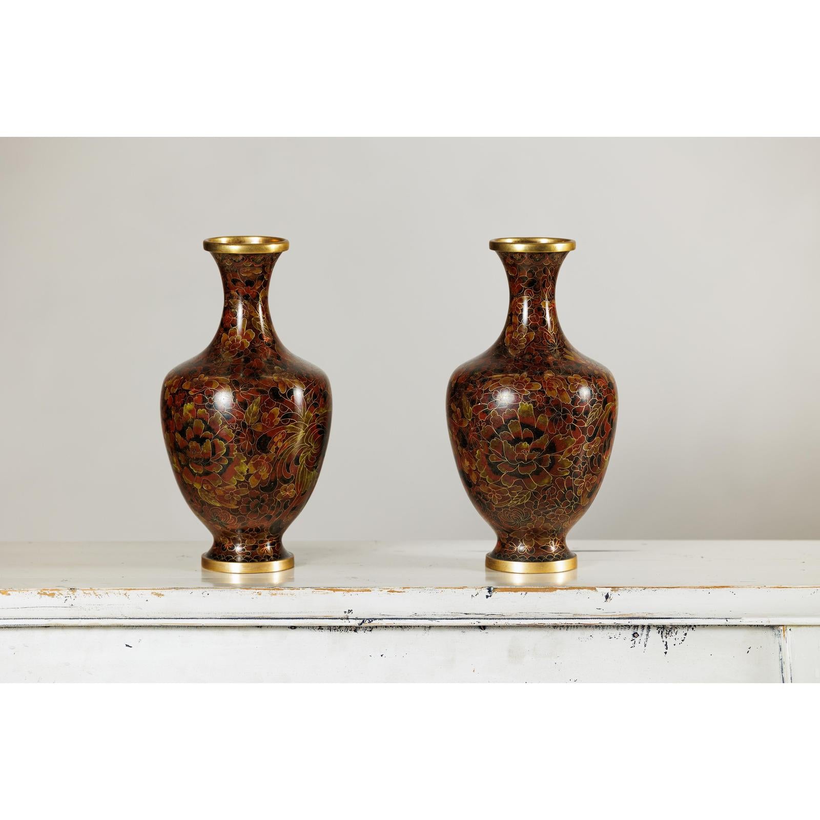 Pair of Cloisonné Vases, Warm Reddish Brown and Floral Decoration-7. Asian &amp; Chinese Furniture, Art, Antiques, Vintage Home Décor for sale at FEA Home