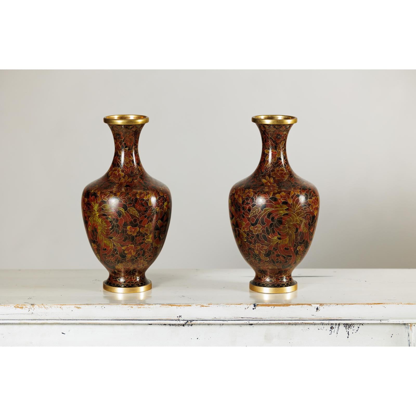Pair of Cloisonné Vases, Warm Reddish Brown and Floral Decoration-8. Asian &amp; Chinese Furniture, Art, Antiques, Vintage Home Décor for sale at FEA Home