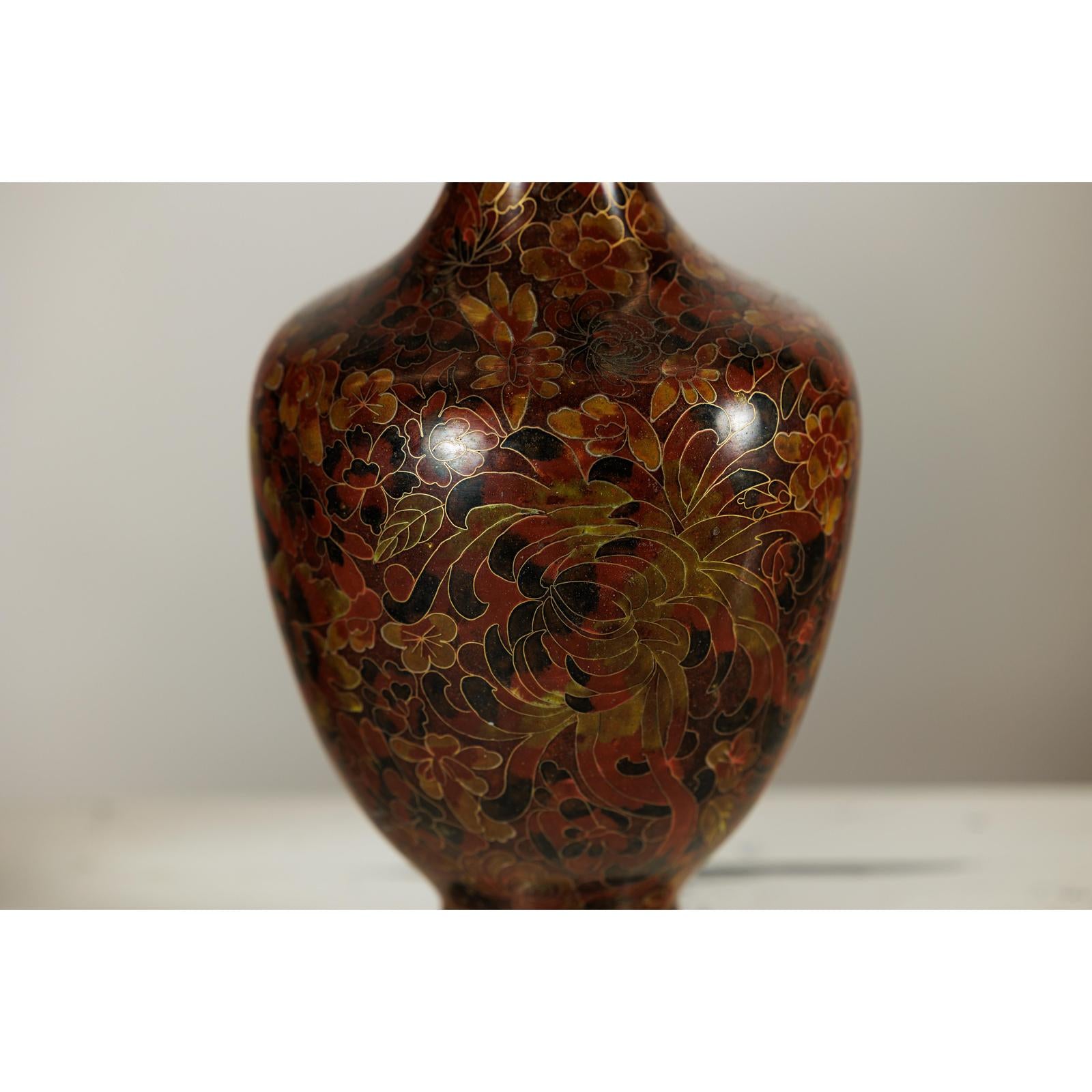 Pair of Cloisonné Vases, Warm Reddish Brown and Floral Decoration-9. Asian &amp; Chinese Furniture, Art, Antiques, Vintage Home Décor for sale at FEA Home