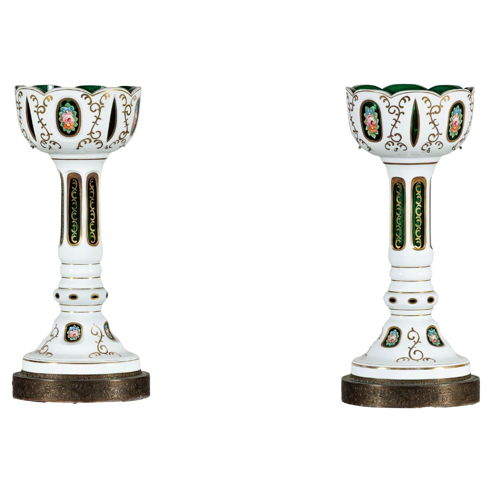 Pair of Czech Bohemian White Cased Glass Lamps with Green Cut-to-Clear Detailing-1. Asian & Chinese Furniture, Art, Antiques, Vintage Home Décor for sale at FEA Home