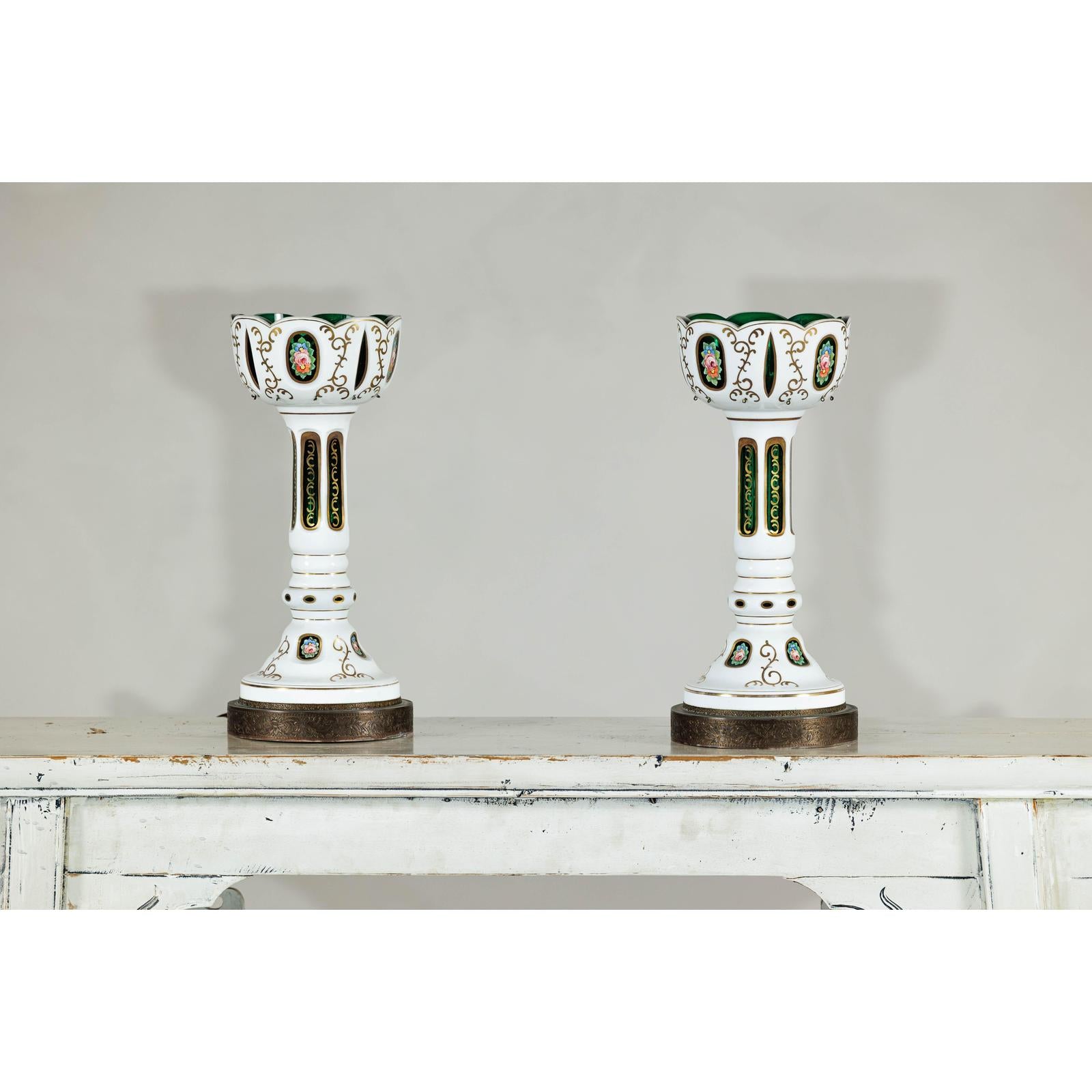 Pair of Czech Bohemian White Cased Glass Lamps with Green Cut-to-Clear Detailing-11. Asian &amp; Chinese Furniture, Art, Antiques, Vintage Home Décor for sale at FEA Home