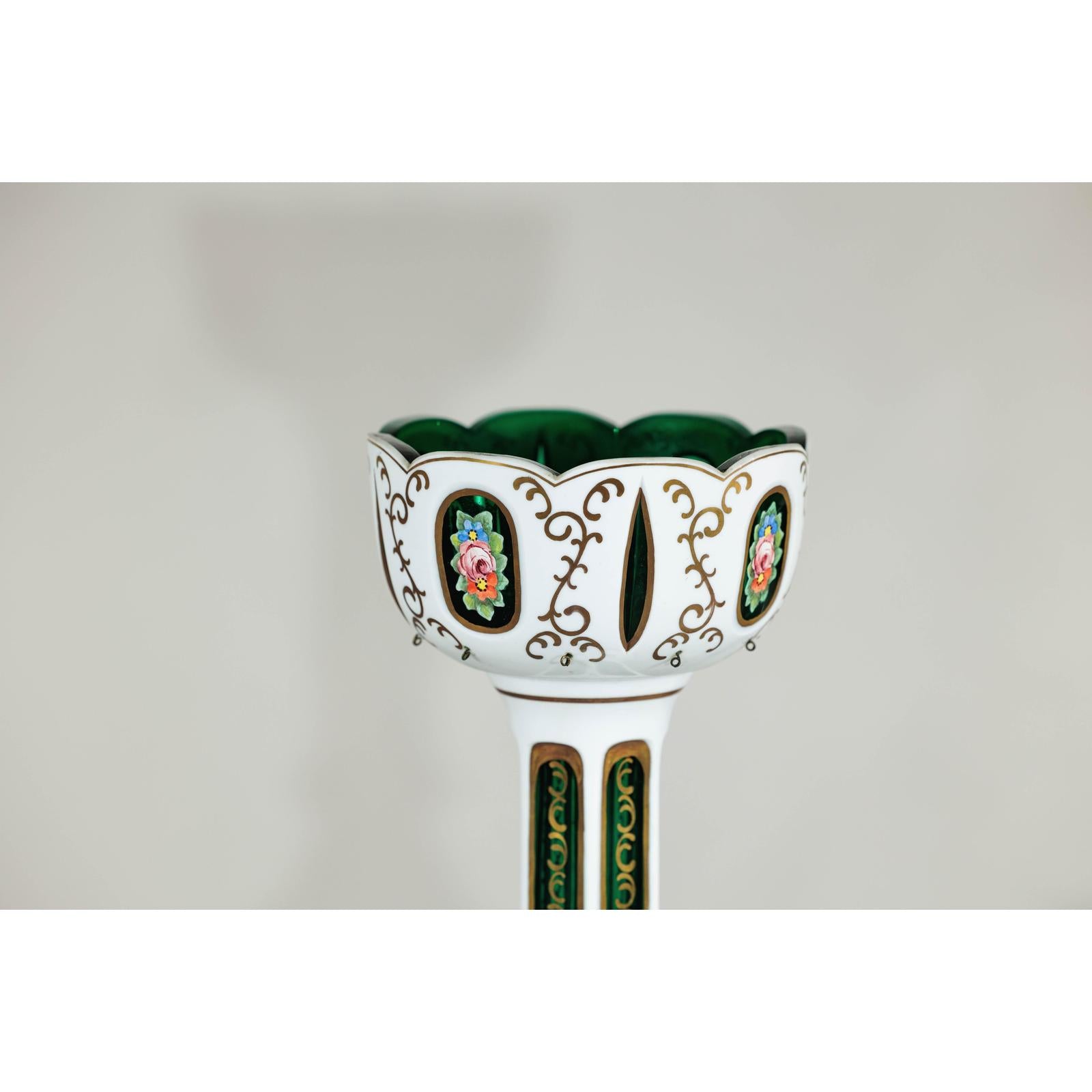 Pair of Czech Bohemian White Cased Glass Lamps with Green Cut-to-Clear Detailing-13. Asian &amp; Chinese Furniture, Art, Antiques, Vintage Home Décor for sale at FEA Home