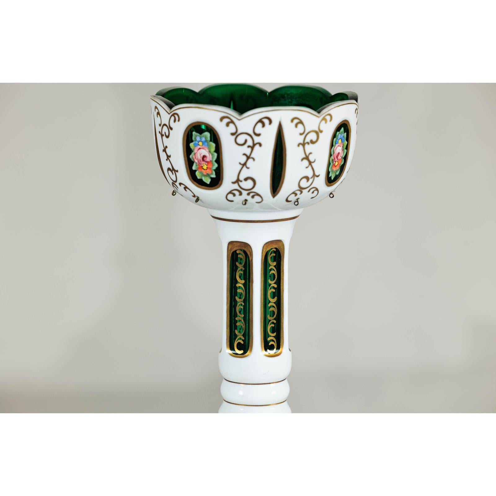 Pair of Czech Bohemian White Cased Glass Lamps with Green Cut-to-Clear Detailing-14. Asian &amp; Chinese Furniture, Art, Antiques, Vintage Home Décor for sale at FEA Home