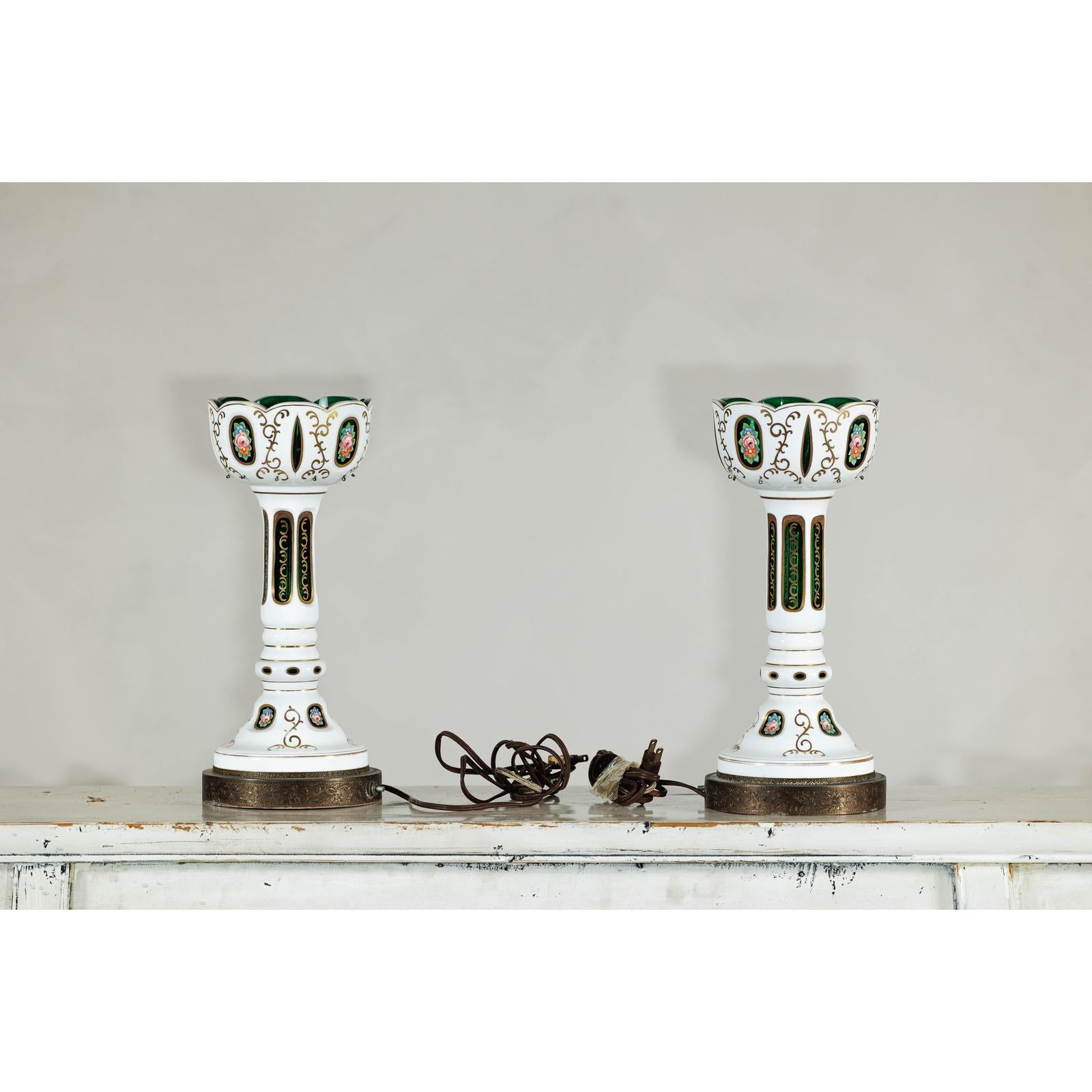 Pair of Czech Bohemian White Cased Glass Lamps with Green Cut-to-Clear Detailing-15. Asian &amp; Chinese Furniture, Art, Antiques, Vintage Home Décor for sale at FEA Home