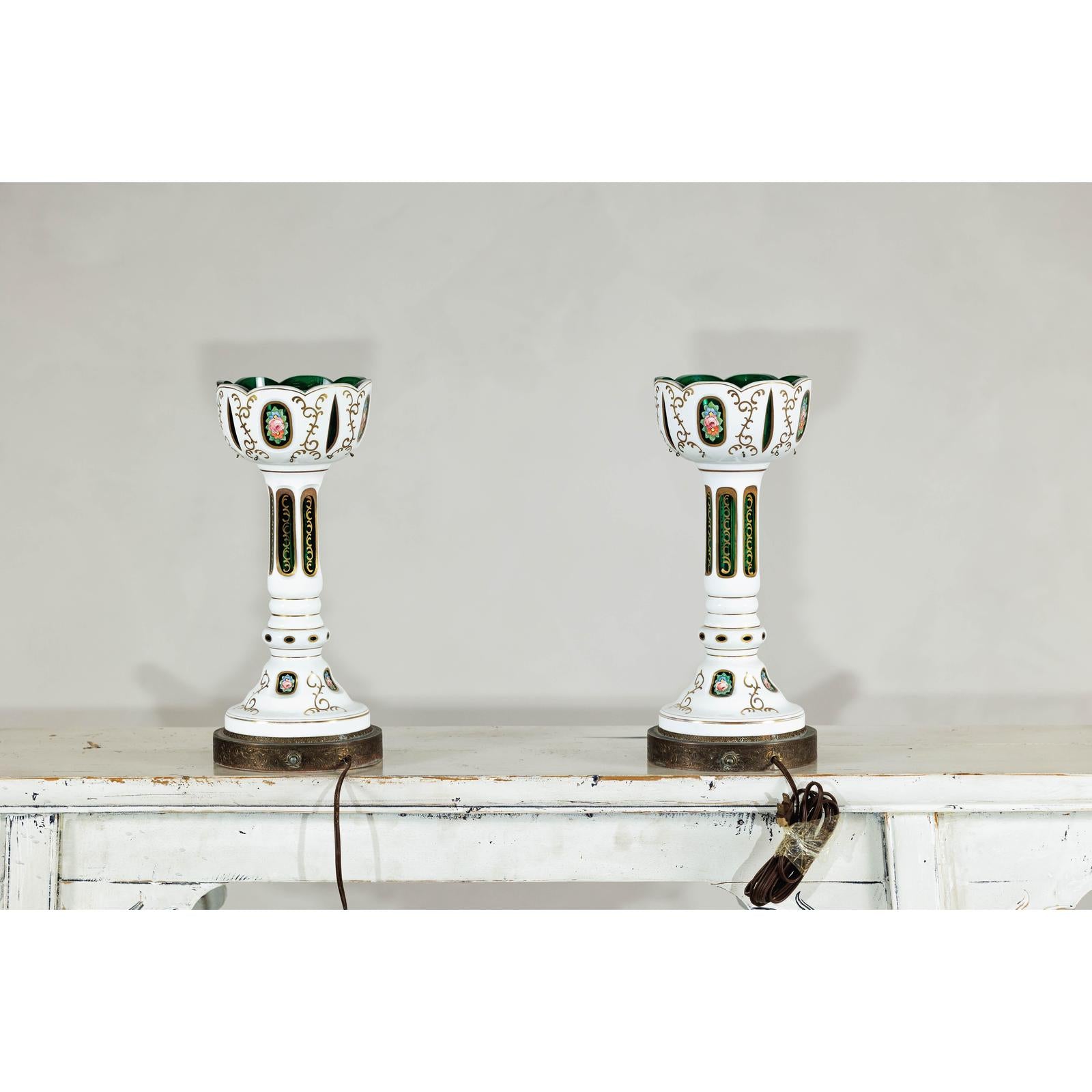 Pair of Czech Bohemian White Cased Glass Lamps with Green Cut-to-Clear Detailing-16. Asian &amp; Chinese Furniture, Art, Antiques, Vintage Home Décor for sale at FEA Home
