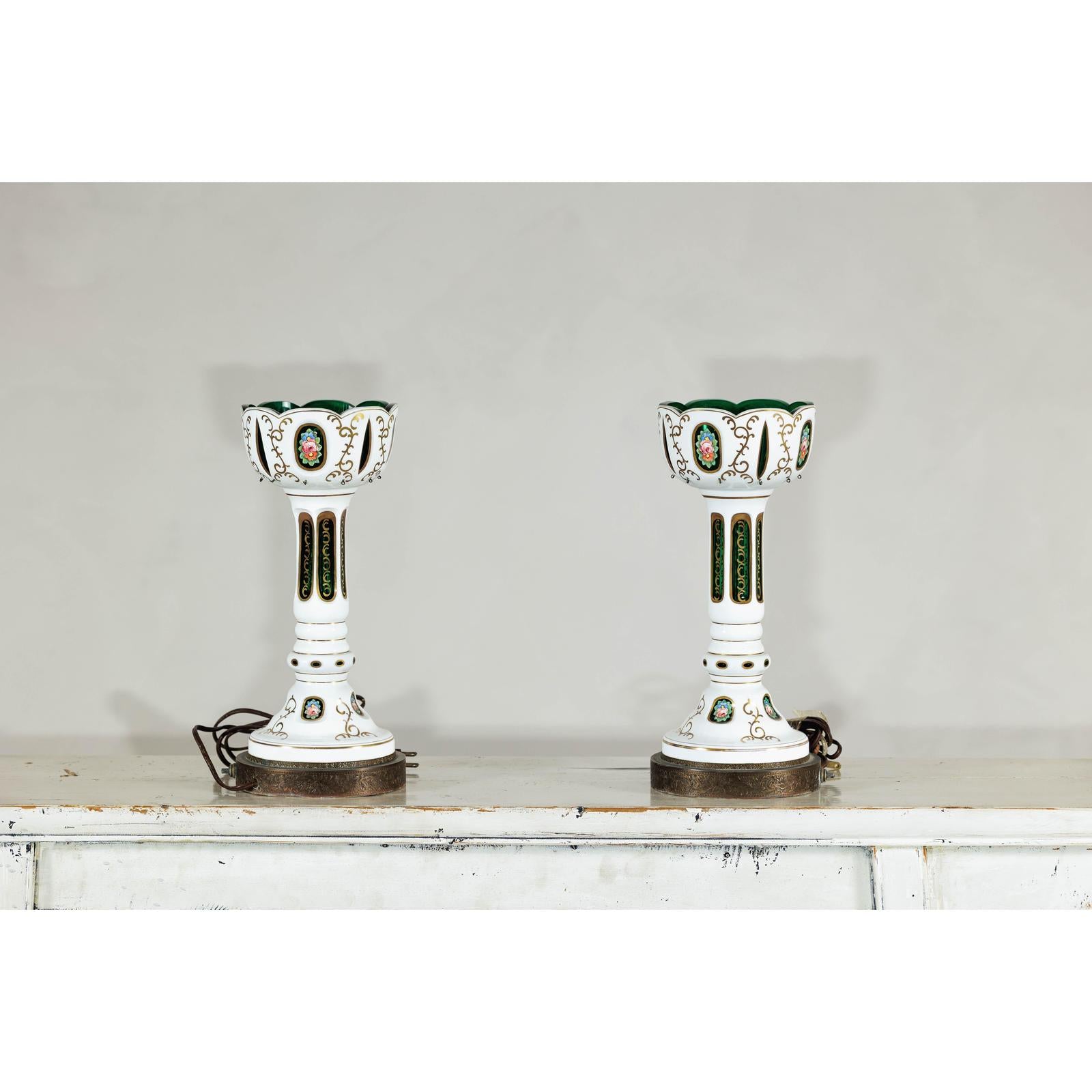 Pair of Czech Bohemian White Cased Glass Lamps with Green Cut-to-Clear Detailing-17. Asian &amp; Chinese Furniture, Art, Antiques, Vintage Home Décor for sale at FEA Home