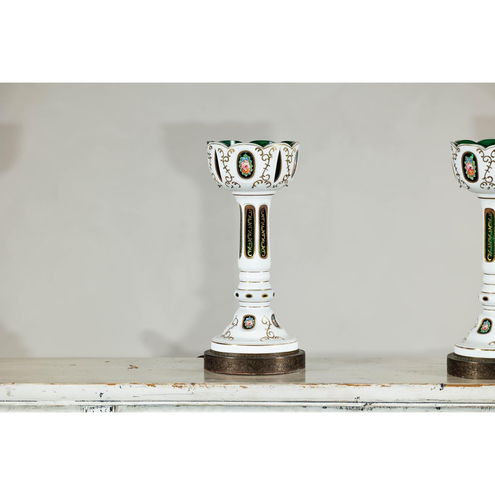 Pair of Czech Bohemian White Cased Glass Lamps with Green Cut-to-Clear Detailing-2. Asian & Chinese Furniture, Art, Antiques, Vintage Home Décor for sale at FEA Home