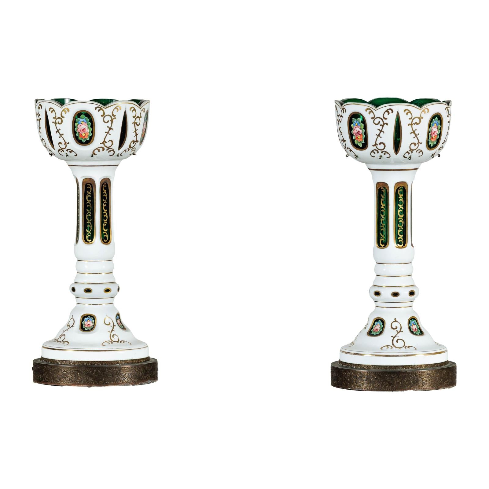 Pair of Czech Bohemian White Cased Glass Lamps with Green Cut-to-Clear Detailing-20. Asian &amp; Chinese Furniture, Art, Antiques, Vintage Home Décor for sale at FEA Home