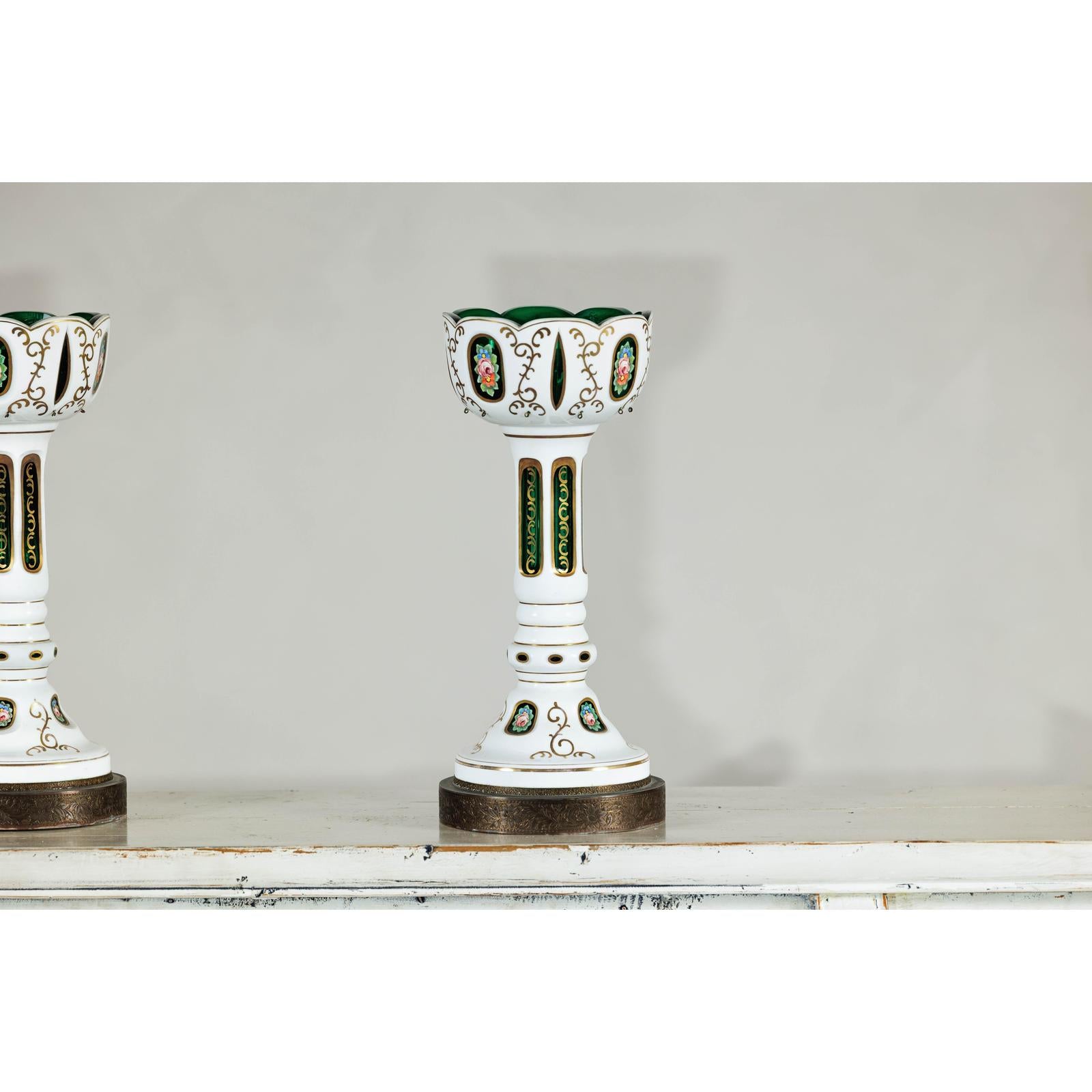 Pair of Czech Bohemian White Cased Glass Lamps with Green Cut-to-Clear Detailing-3. Asian &amp; Chinese Furniture, Art, Antiques, Vintage Home Décor for sale at FEA Home