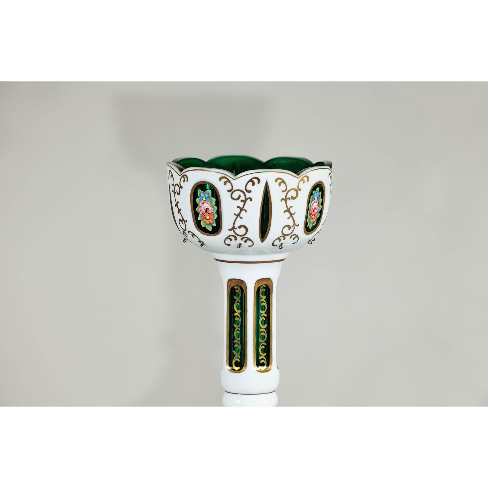 Pair of Czech Bohemian White Cased Glass Lamps with Green Cut-to-Clear Detailing-5. Asian &amp; Chinese Furniture, Art, Antiques, Vintage Home Décor for sale at FEA Home