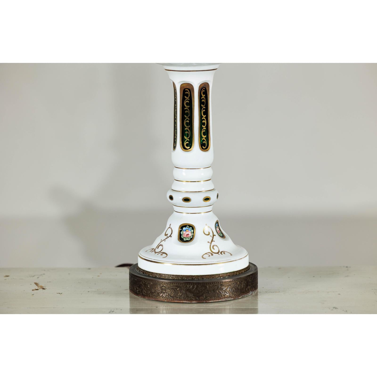 Pair of Czech Bohemian White Cased Glass Lamps with Green Cut-to-Clear Detailing-6. Asian &amp; Chinese Furniture, Art, Antiques, Vintage Home Décor for sale at FEA Home