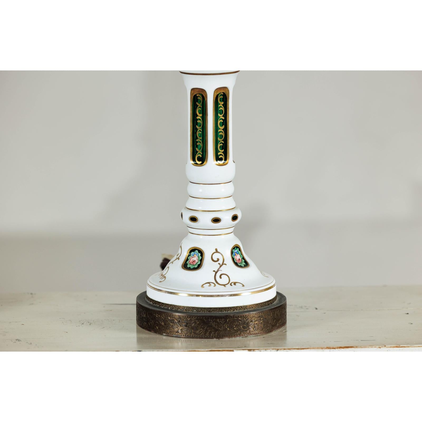 Pair of Czech Bohemian White Cased Glass Lamps with Green Cut-to-Clear Detailing-7. Asian &amp; Chinese Furniture, Art, Antiques, Vintage Home Décor for sale at FEA Home