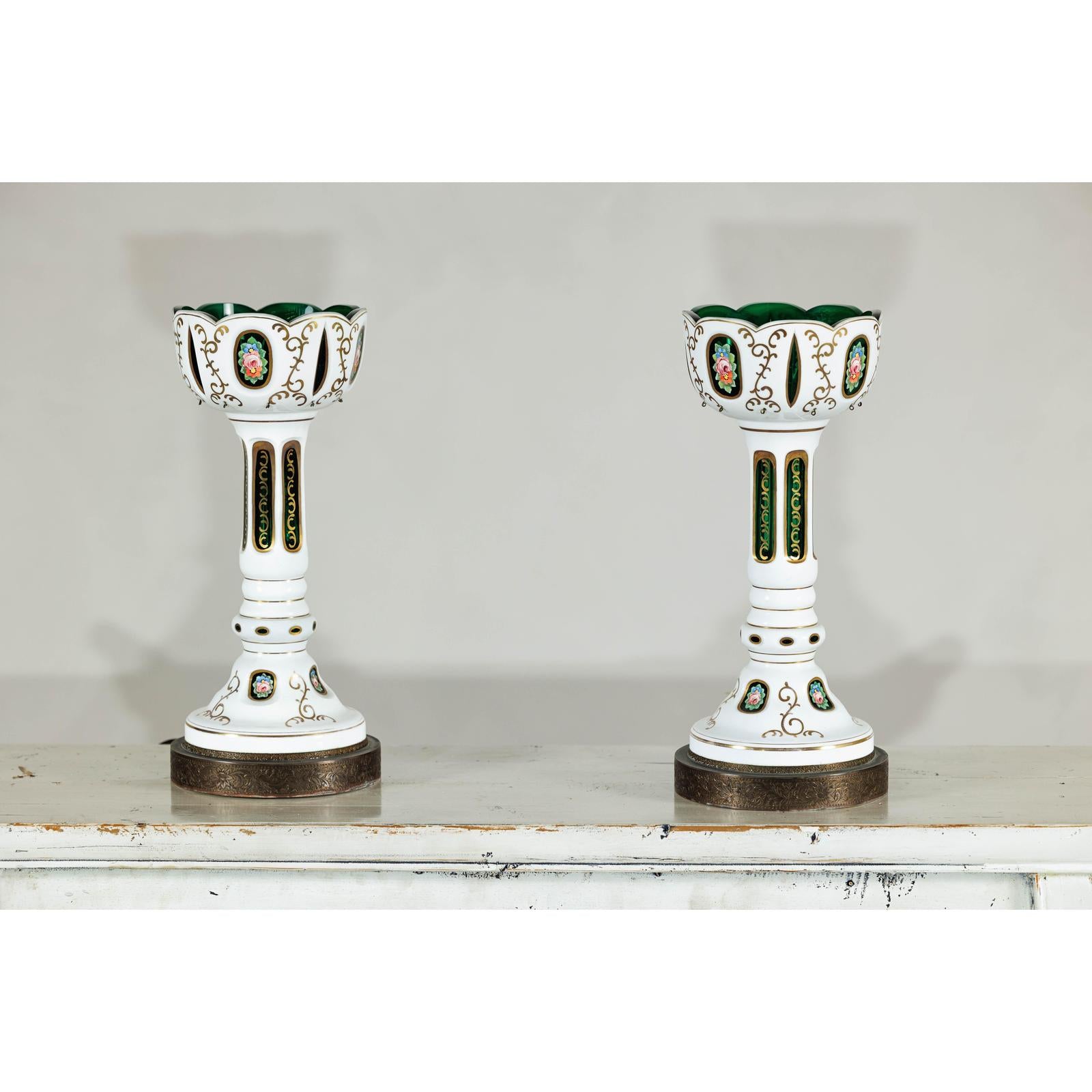 Pair of Czech Bohemian White Cased Glass Lamps with Green Cut-to-Clear Detailing-8. Asian &amp; Chinese Furniture, Art, Antiques, Vintage Home Décor for sale at FEA Home