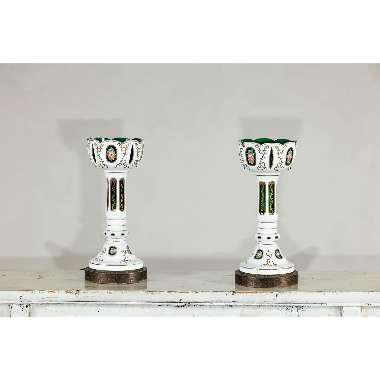 Pair of Czech Bohemian White Cased Glass Lamps with Green Cut-to-Clear Detailing-9. Asian &amp; Chinese Furniture, Art, Antiques, Vintage Home Décor for sale at FEA Home