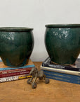 Pair of Deep Green Glazed Round Ceramic Planters - FEA Home