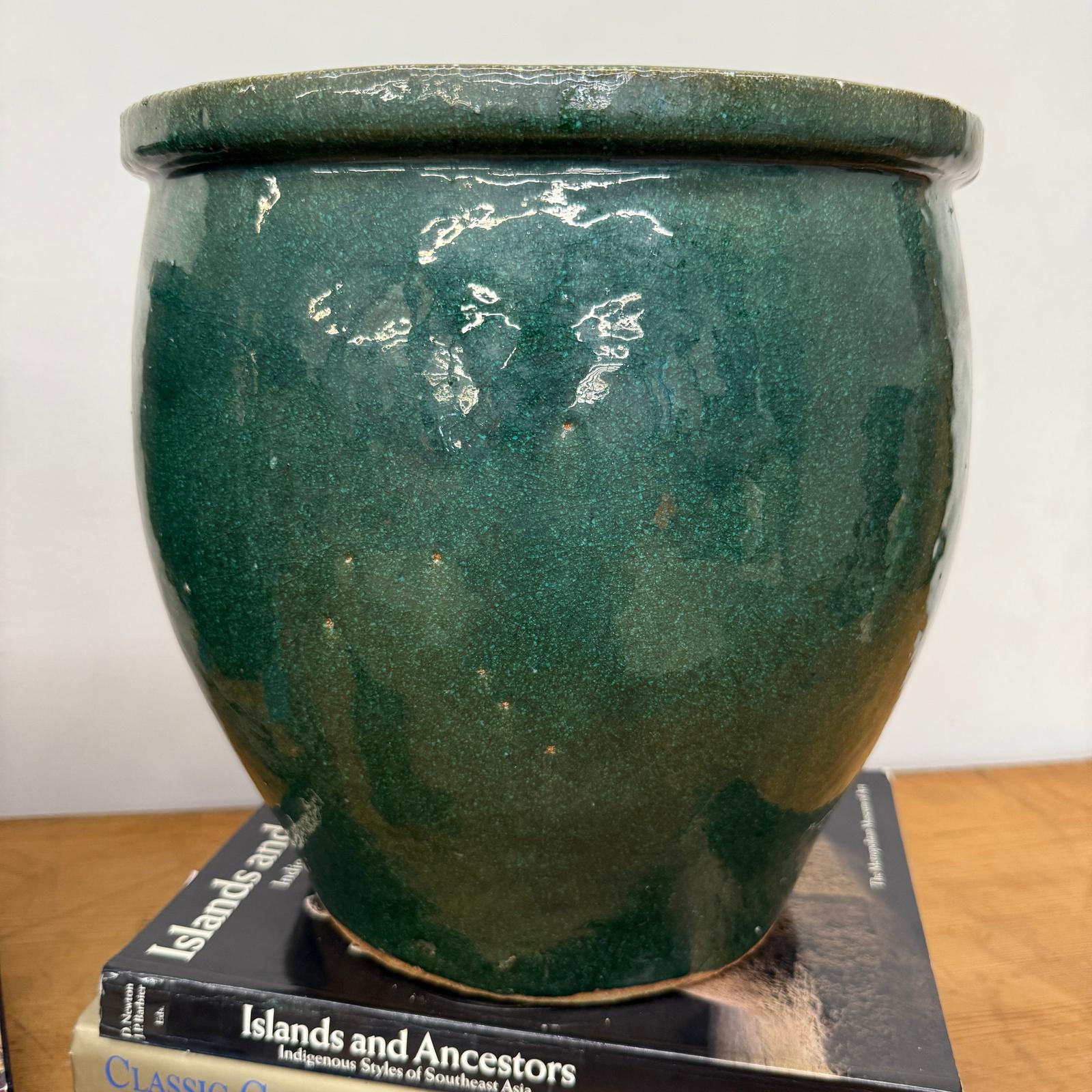 Pair of Deep Green Glazed Round Ceramic Planters - FEA Home