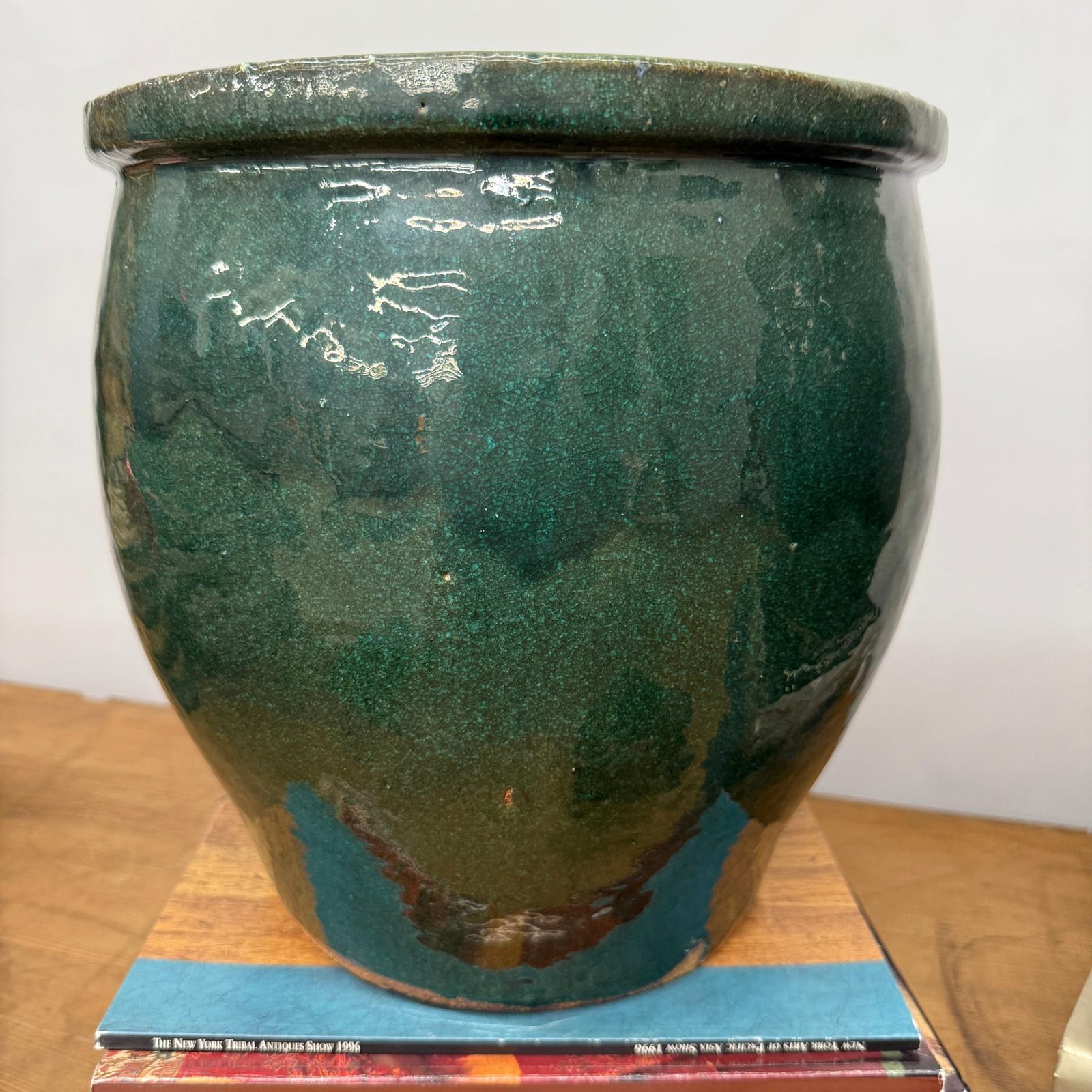 Pair of Deep Green Glazed Round Ceramic Planters - FEA Home