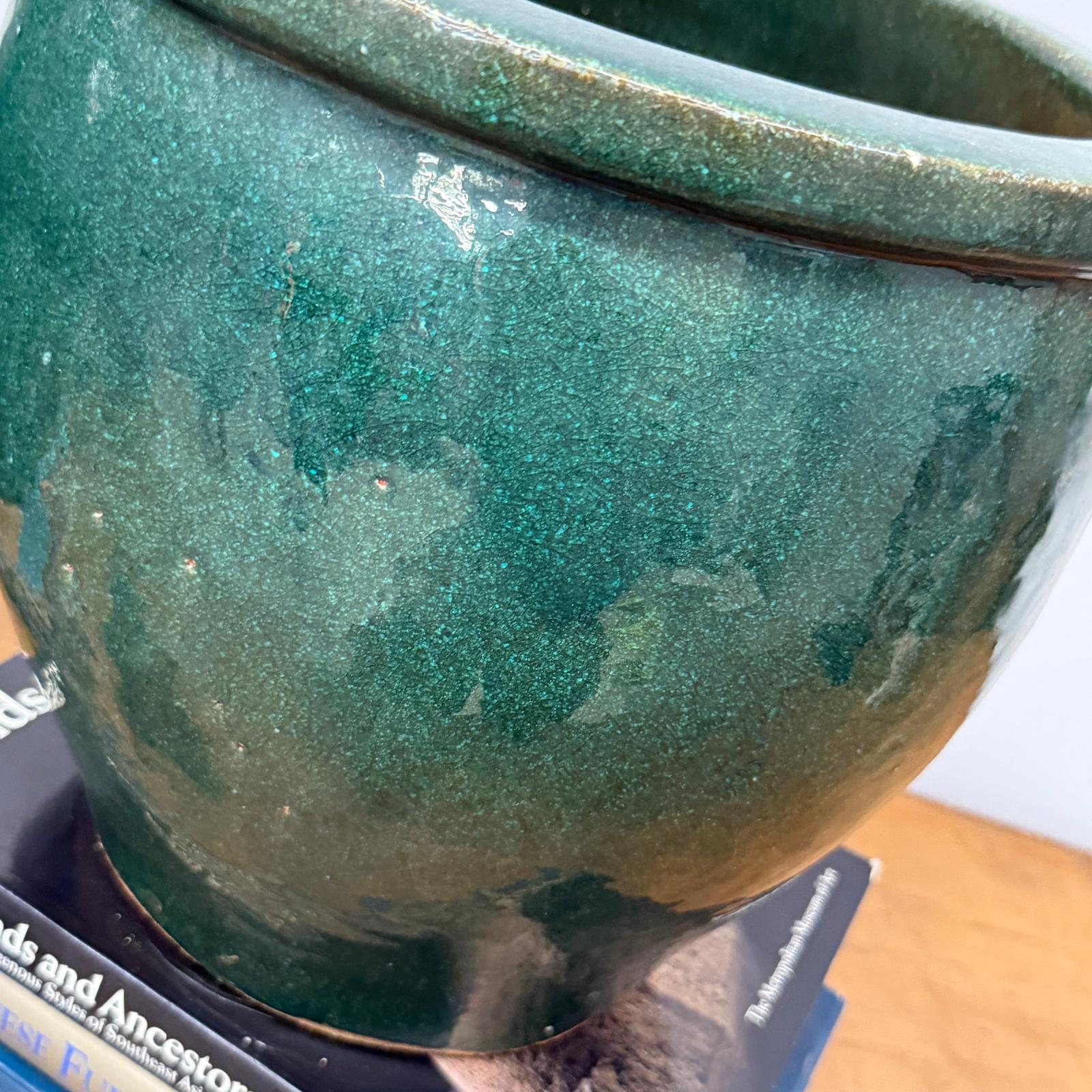 Pair of Deep Green Glazed Round Ceramic Planters - FEA Home