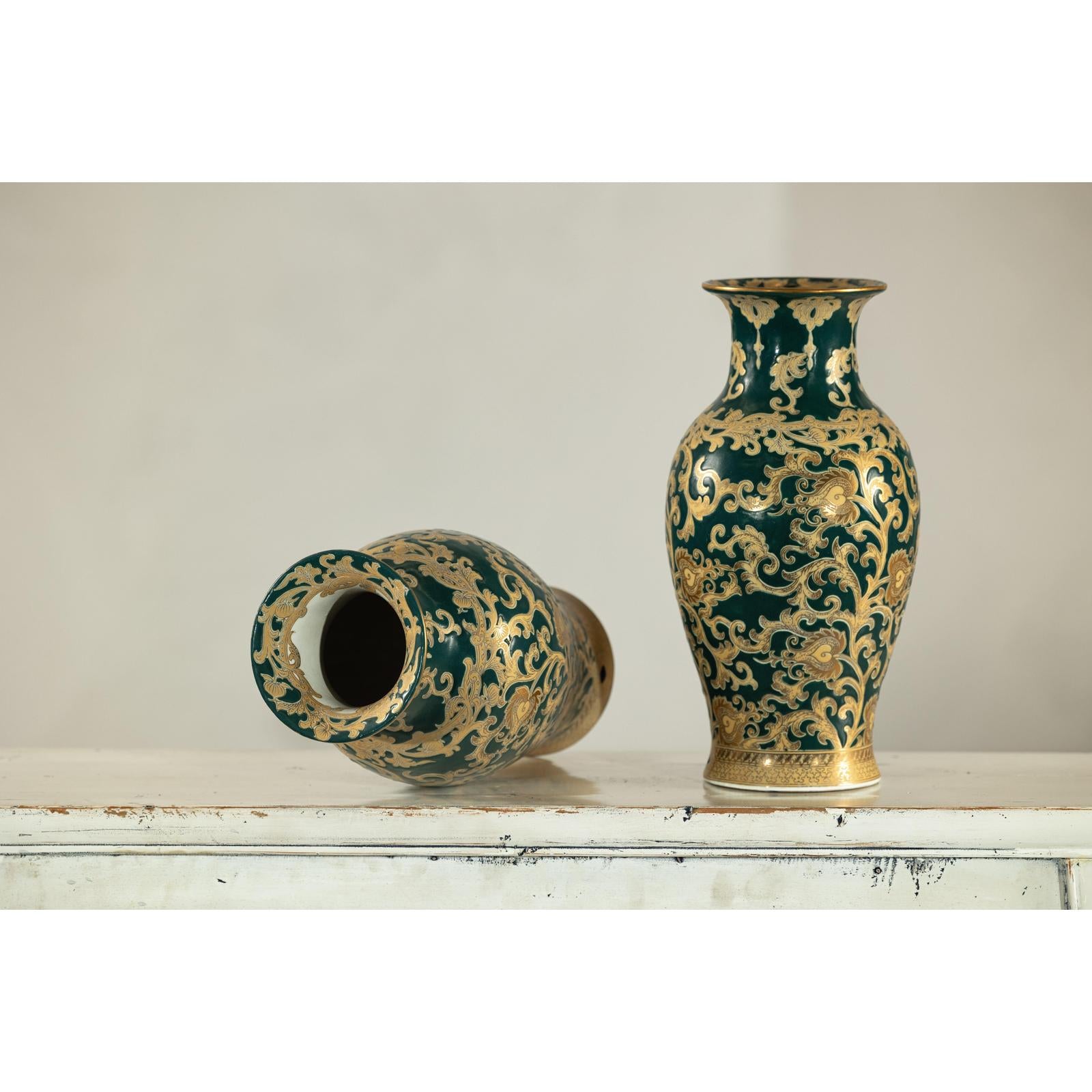 Pair of Green and Gold Porcelain Vases with Foliage Scrollwork-10. Asian &amp; Chinese Furniture, Art, Antiques, Vintage Home Décor for sale at FEA Home
