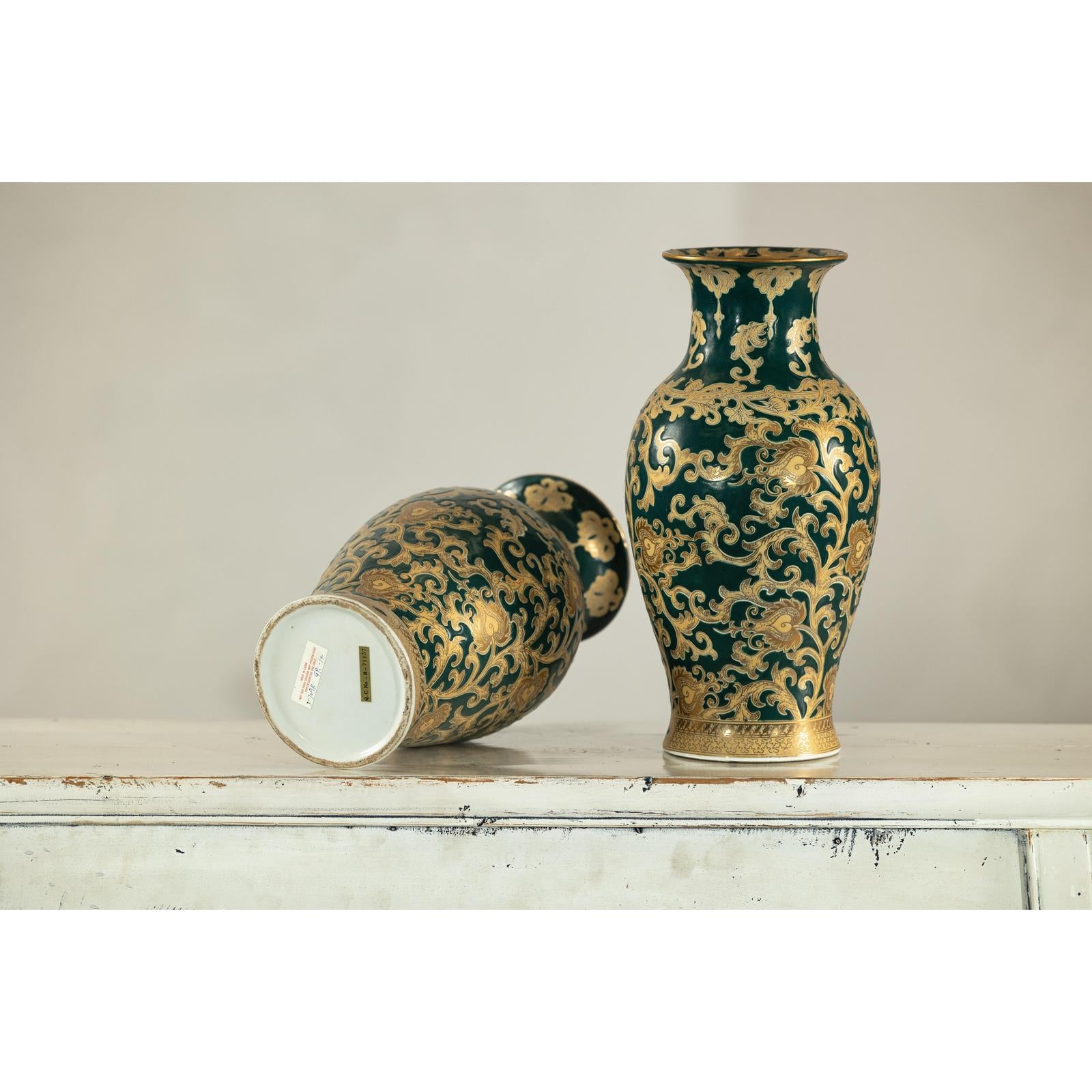 Pair of Green and Gold Porcelain Vases with Foliage Scrollwork-11. Asian &amp; Chinese Furniture, Art, Antiques, Vintage Home Décor for sale at FEA Home