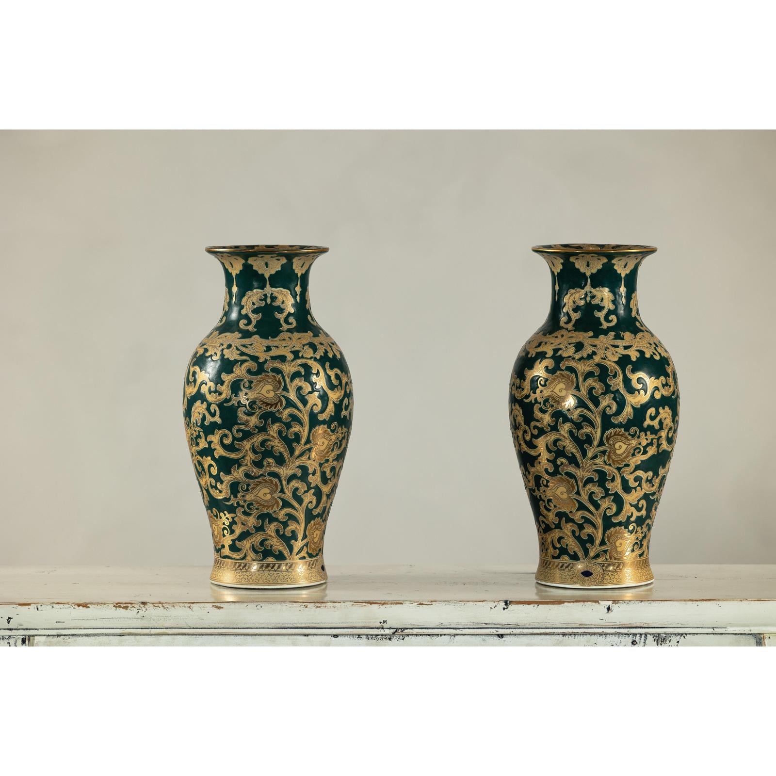Pair of Green & Gold Ceramic Vases with Foliage Scrollwork