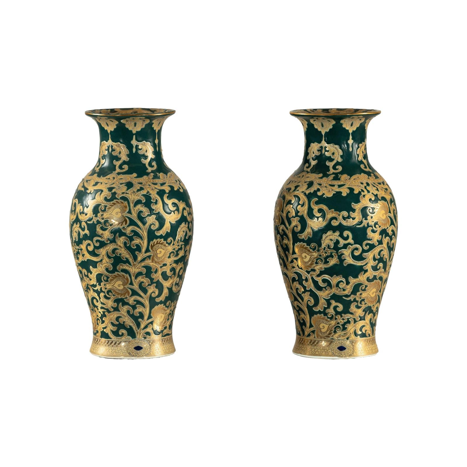 Pair of Green and Gold Porcelain Vases with Foliage Scrollwork-13. Asian &amp; Chinese Furniture, Art, Antiques, Vintage Home Décor for sale at FEA Home