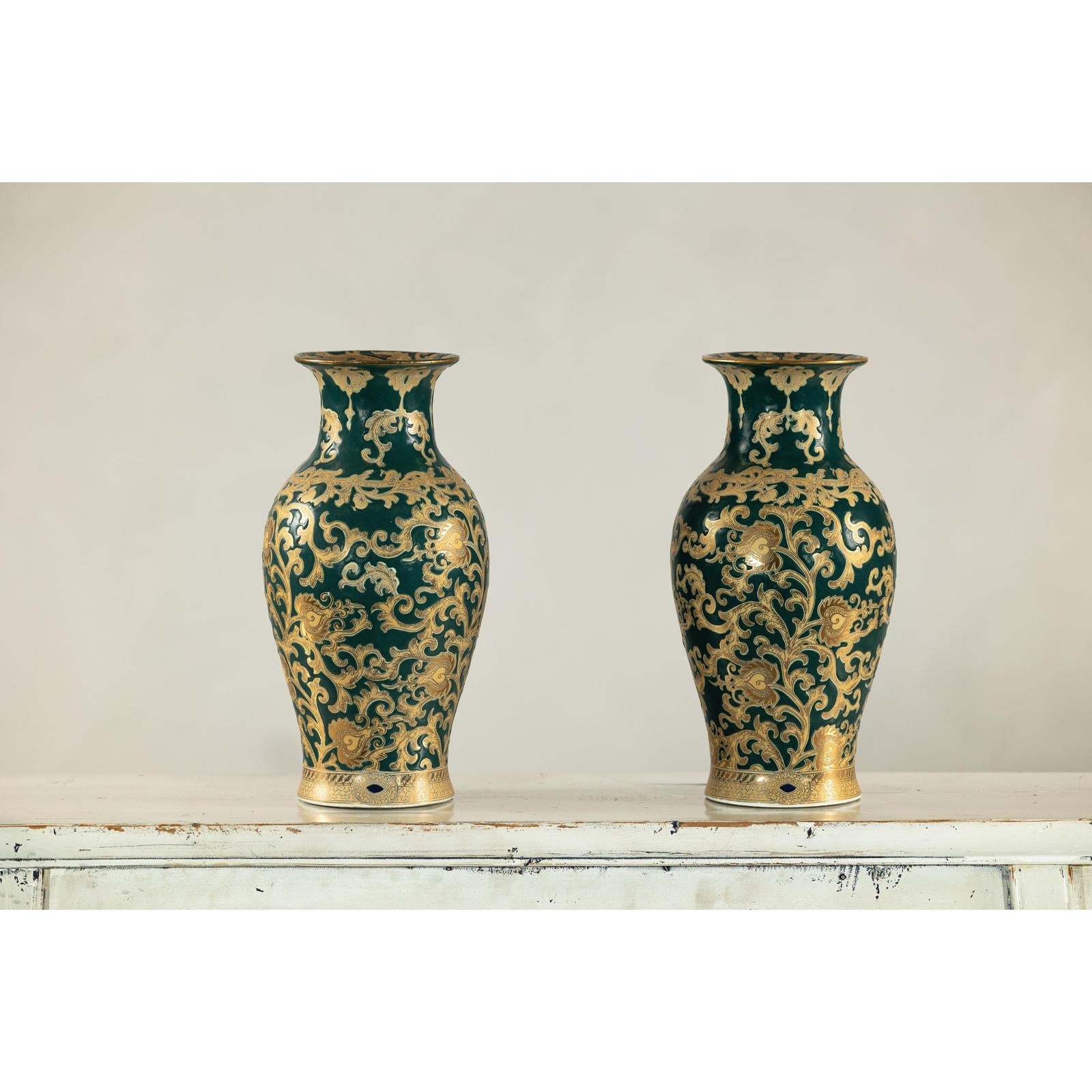Pair of Green and Gold Porcelain Vases with Foliage Scrollwork-2. Asian & Chinese Furniture, Art, Antiques, Vintage Home Décor for sale at FEA Home