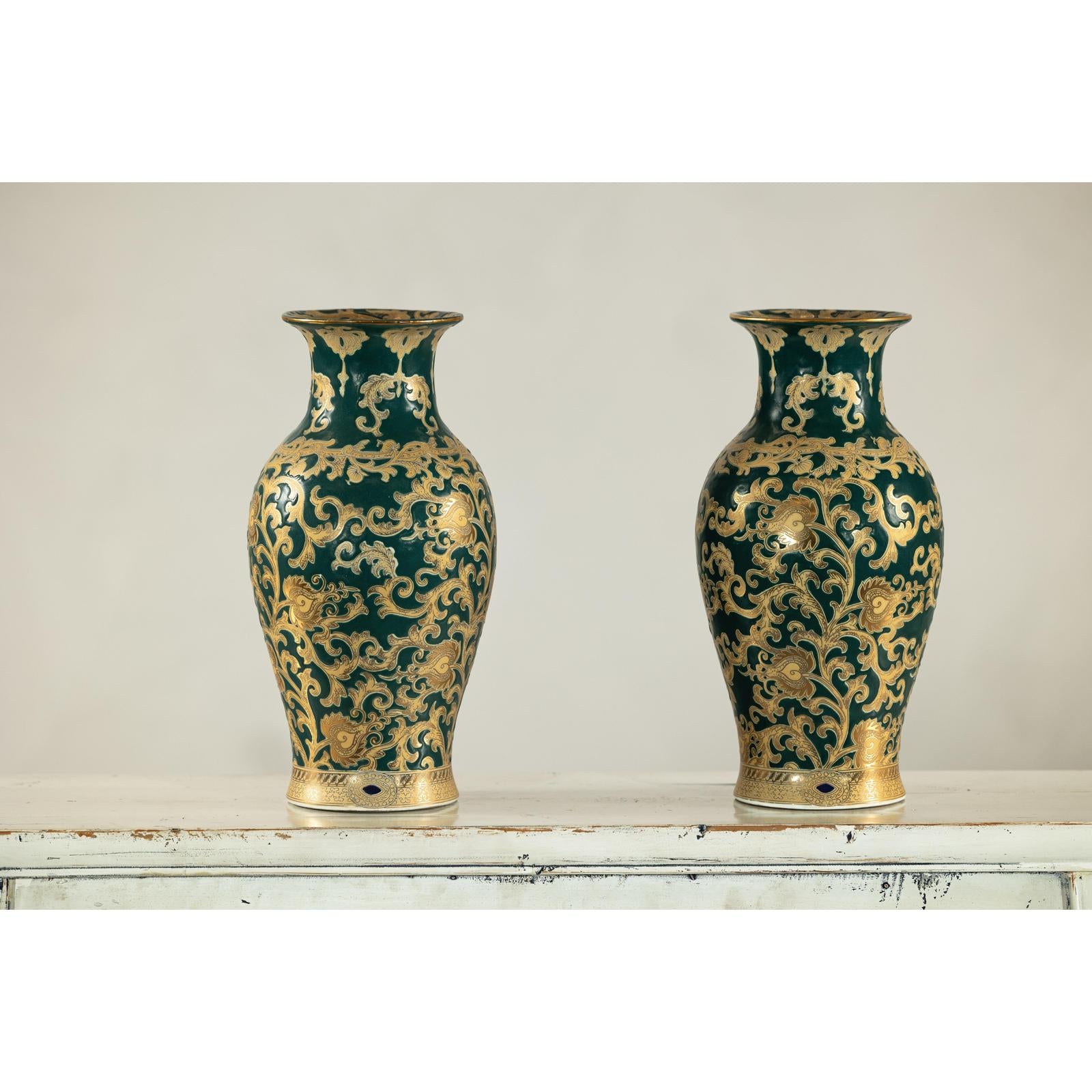 Pair of Green and Gold Porcelain Vases with Foliage Scrollwork-4. Asian &amp; Chinese Furniture, Art, Antiques, Vintage Home Décor for sale at FEA Home