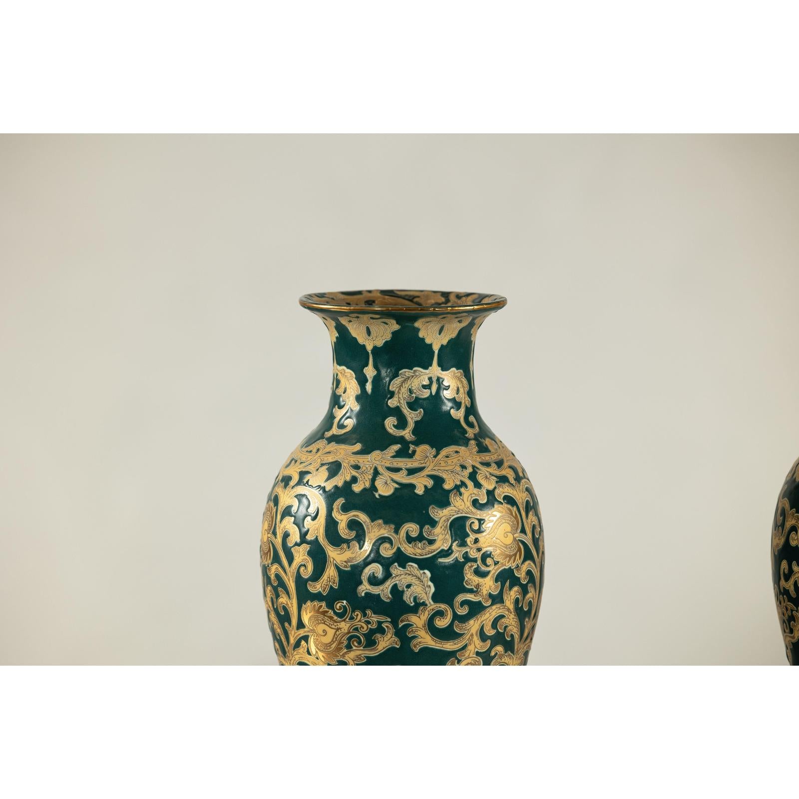 Pair of Green and Gold Porcelain Vases with Foliage Scrollwork-5. Asian &amp; Chinese Furniture, Art, Antiques, Vintage Home Décor for sale at FEA Home