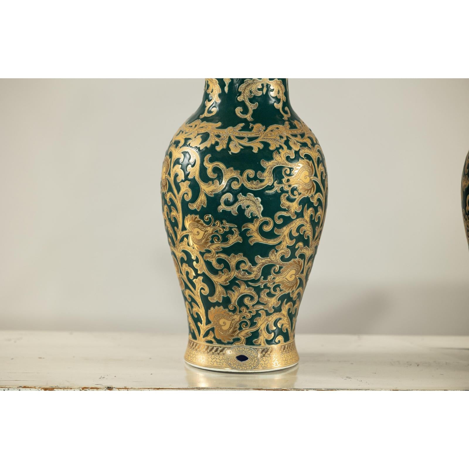 Pair of Green and Gold Porcelain Vases with Foliage Scrollwork-6. Asian &amp; Chinese Furniture, Art, Antiques, Vintage Home Décor for sale at FEA Home