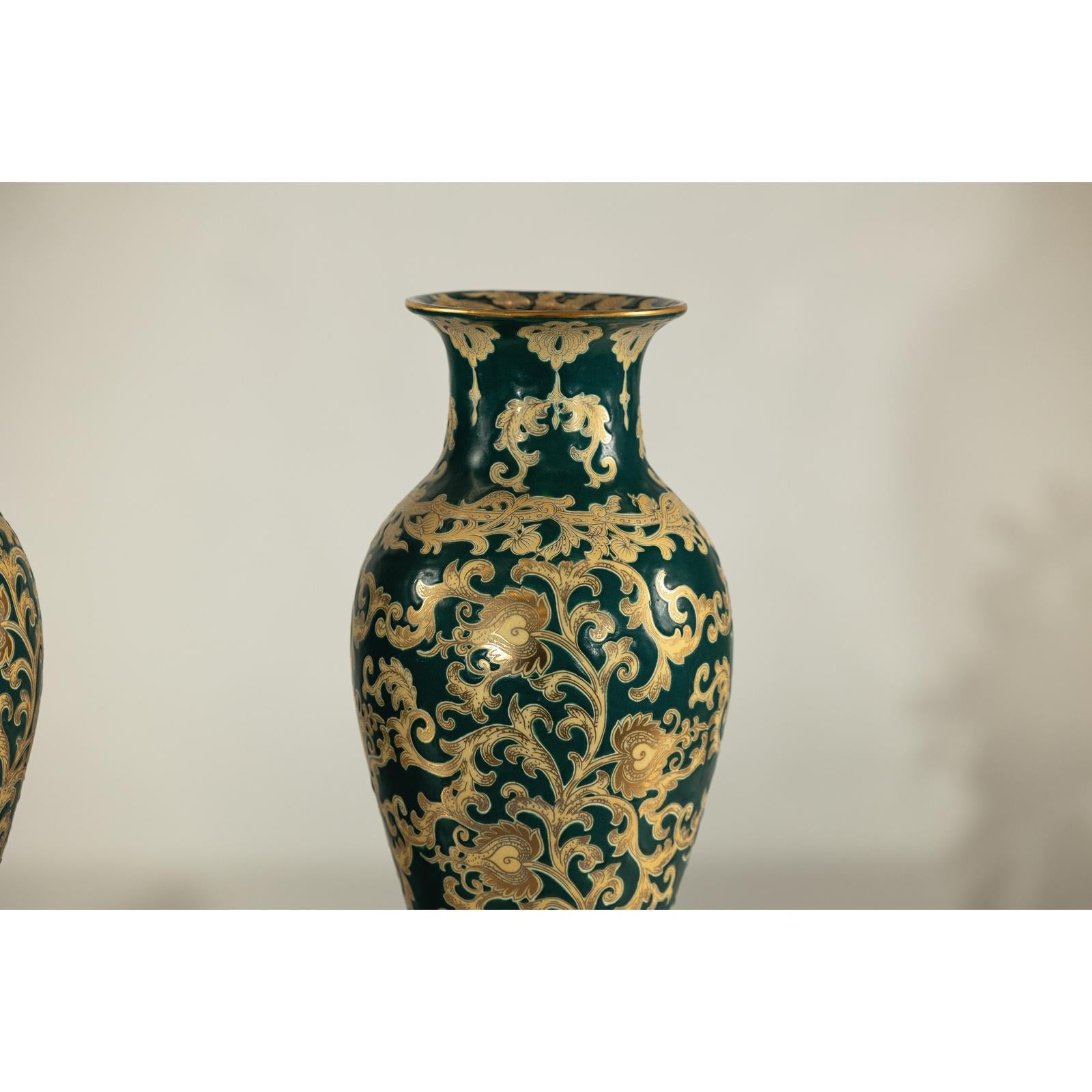 Pair of Green and Gold Porcelain Vases with Foliage Scrollwork-7. Asian &amp; Chinese Furniture, Art, Antiques, Vintage Home Décor for sale at FEA Home